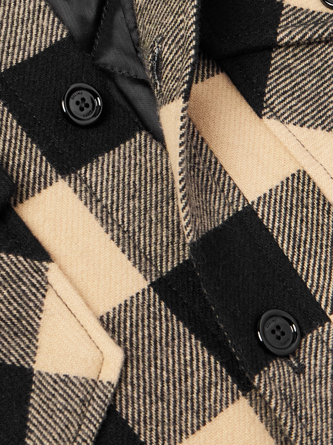 Celine Logo-print Cotton Jersey-trimmed Padded Checked Wool Hooded Overshirt In Neutral