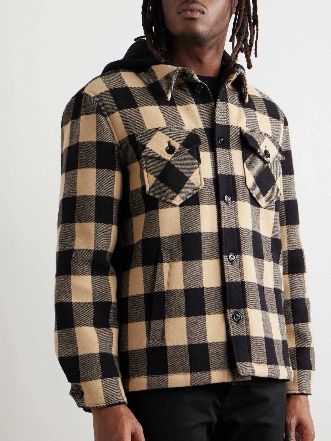 Celine Logo-print Cotton Jersey-trimmed Padded Checked Wool Hooded Overshirt In Neutral
