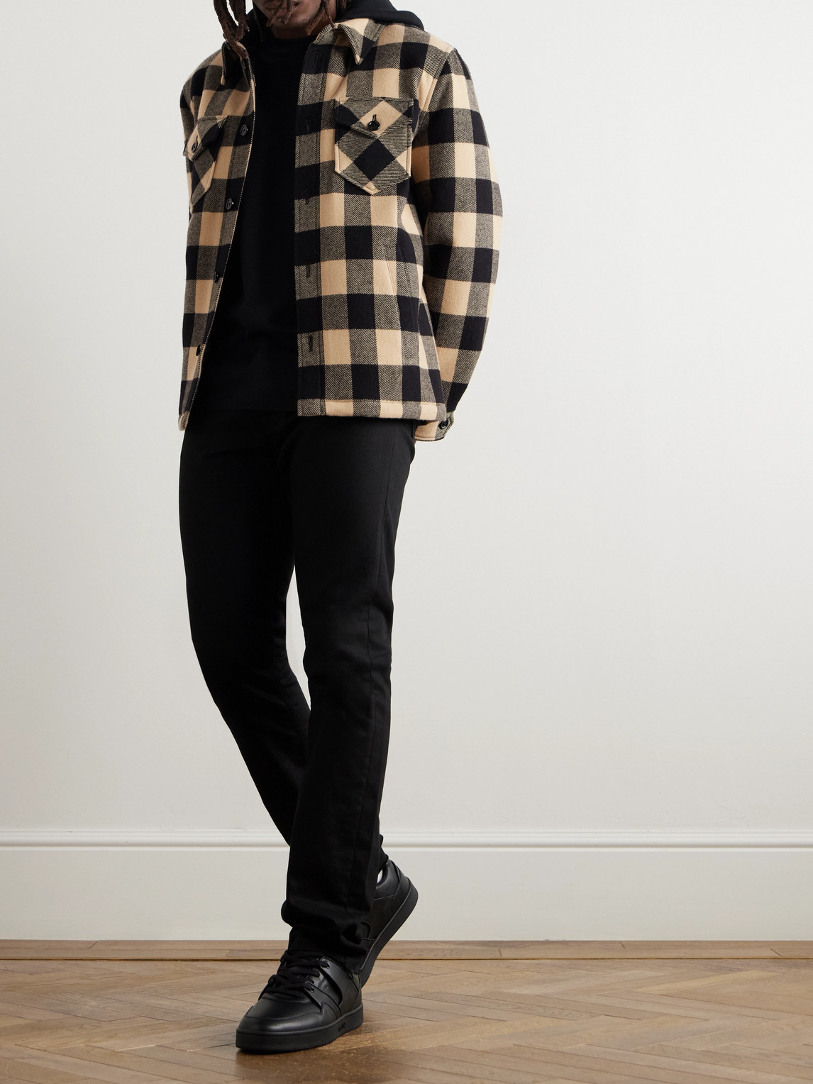 Celine Logo-print Cotton Jersey-trimmed Padded Checked Wool Hooded Overshirt In Neutral