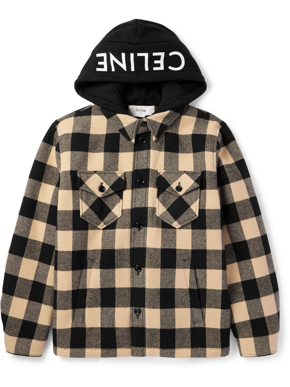 Celine Logo-print Cotton Jersey-trimmed Padded Checked Wool Hooded Overshirt In Neutral