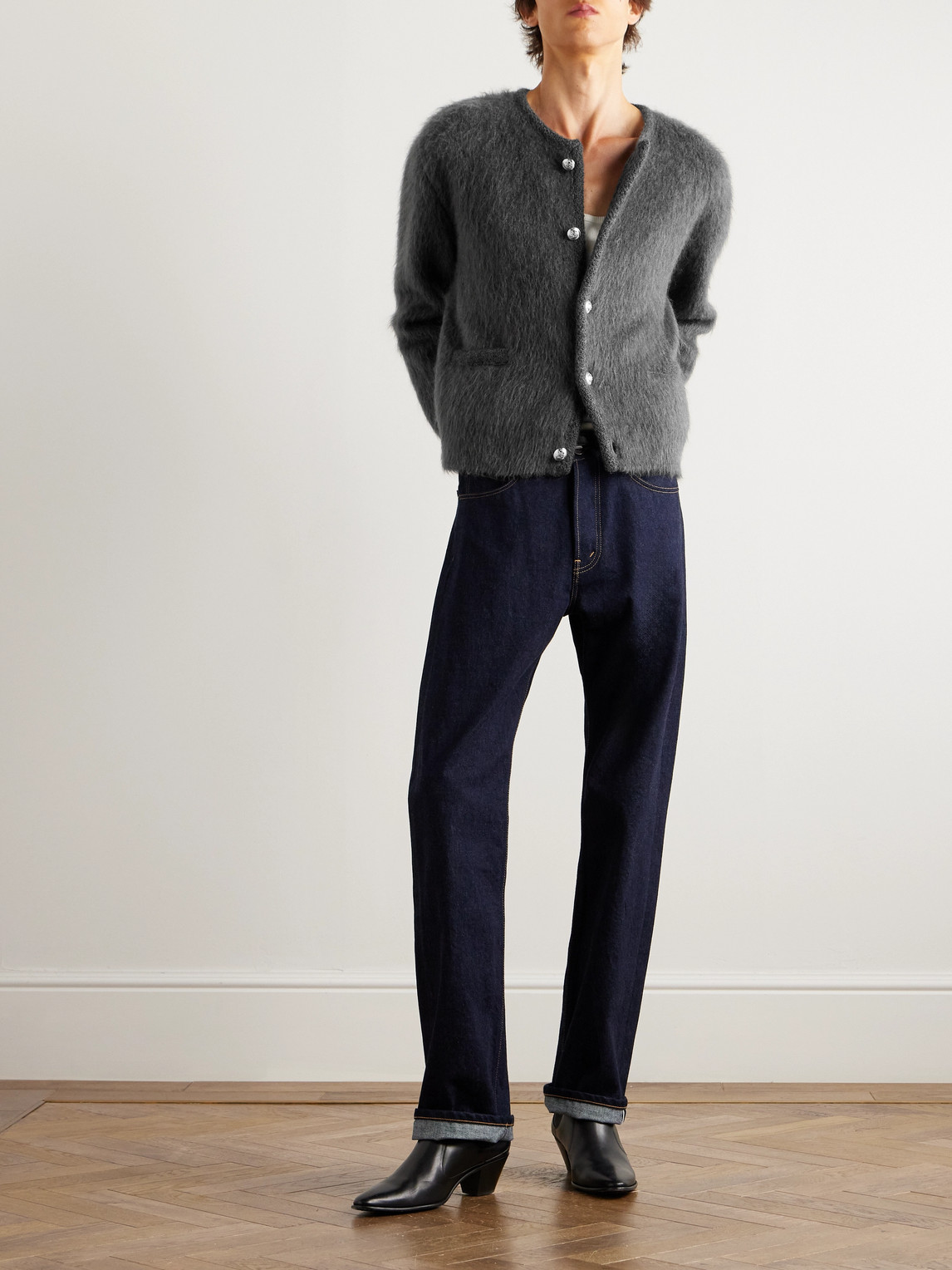 Celine Brushed Mohair-blend Cardigan In Gray