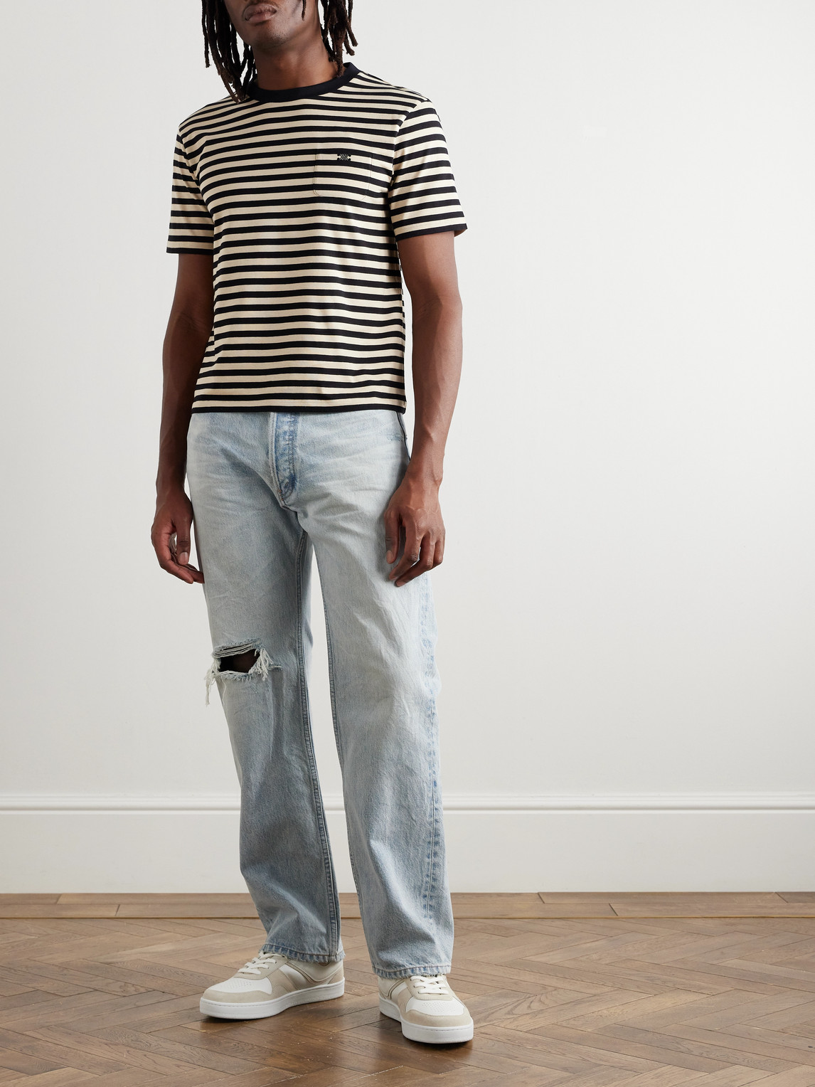 Celine Triomphe Logo-embroidered Striped Cotton-jersey T-shirt In Multi