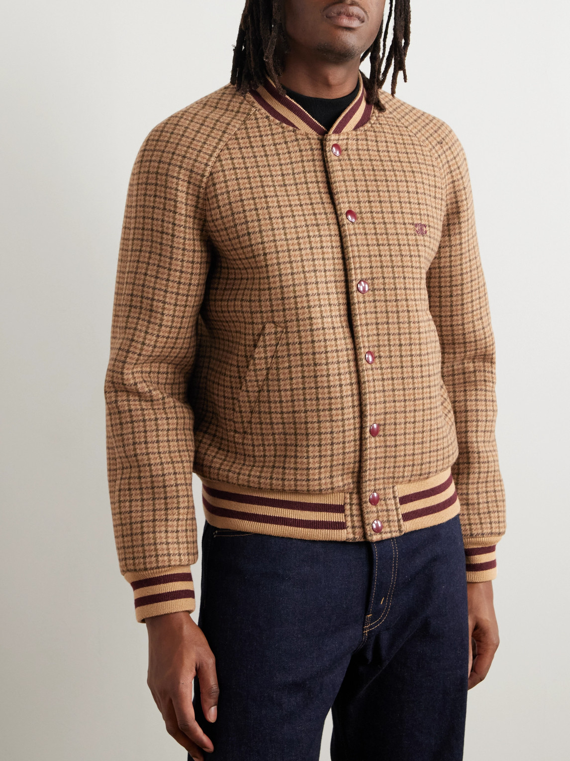 Celine Logo-embroidered Checked Wool Bomber Jacket In Brown