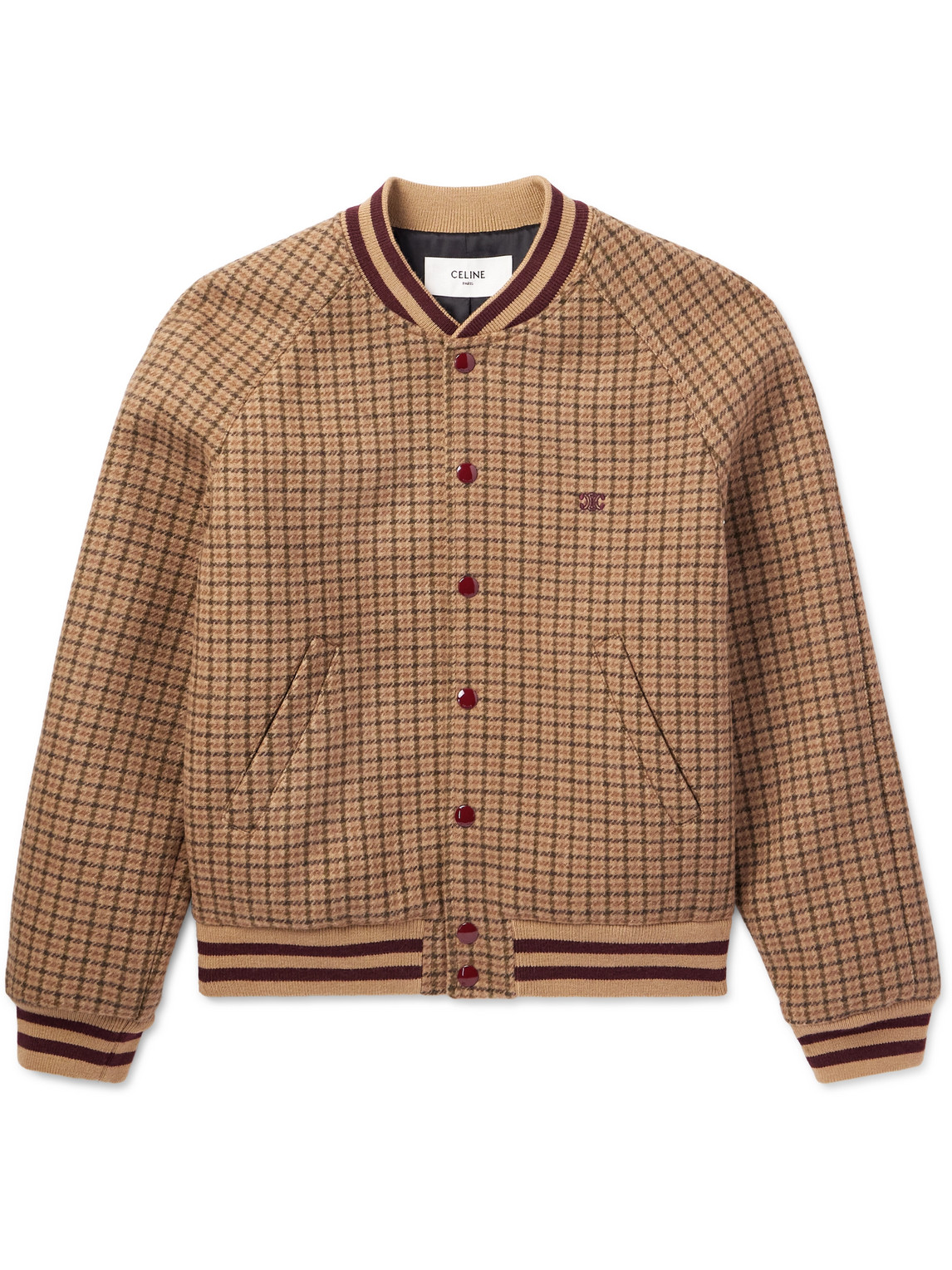 Celine Logo-embroidered Checked Wool Bomber Jacket In Brown