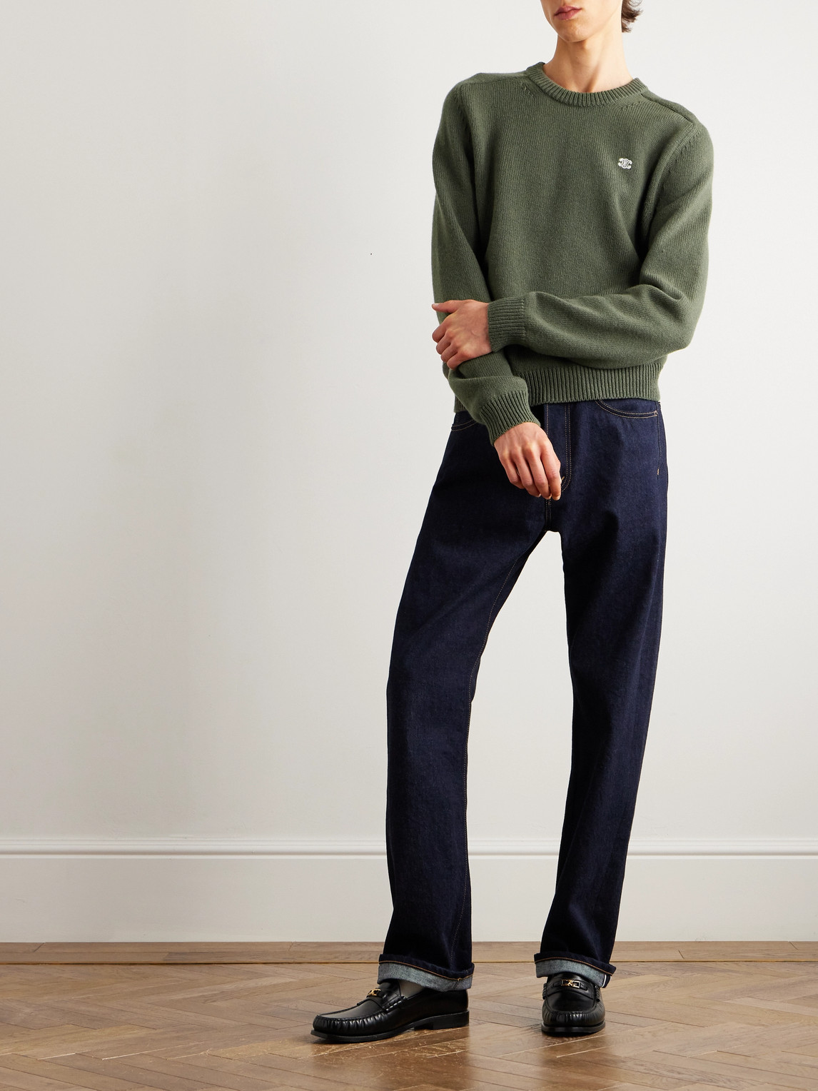 Celine Triomphe Slim-fit Logo-embroidered Wool And Cashmere-blend Sweater In Green