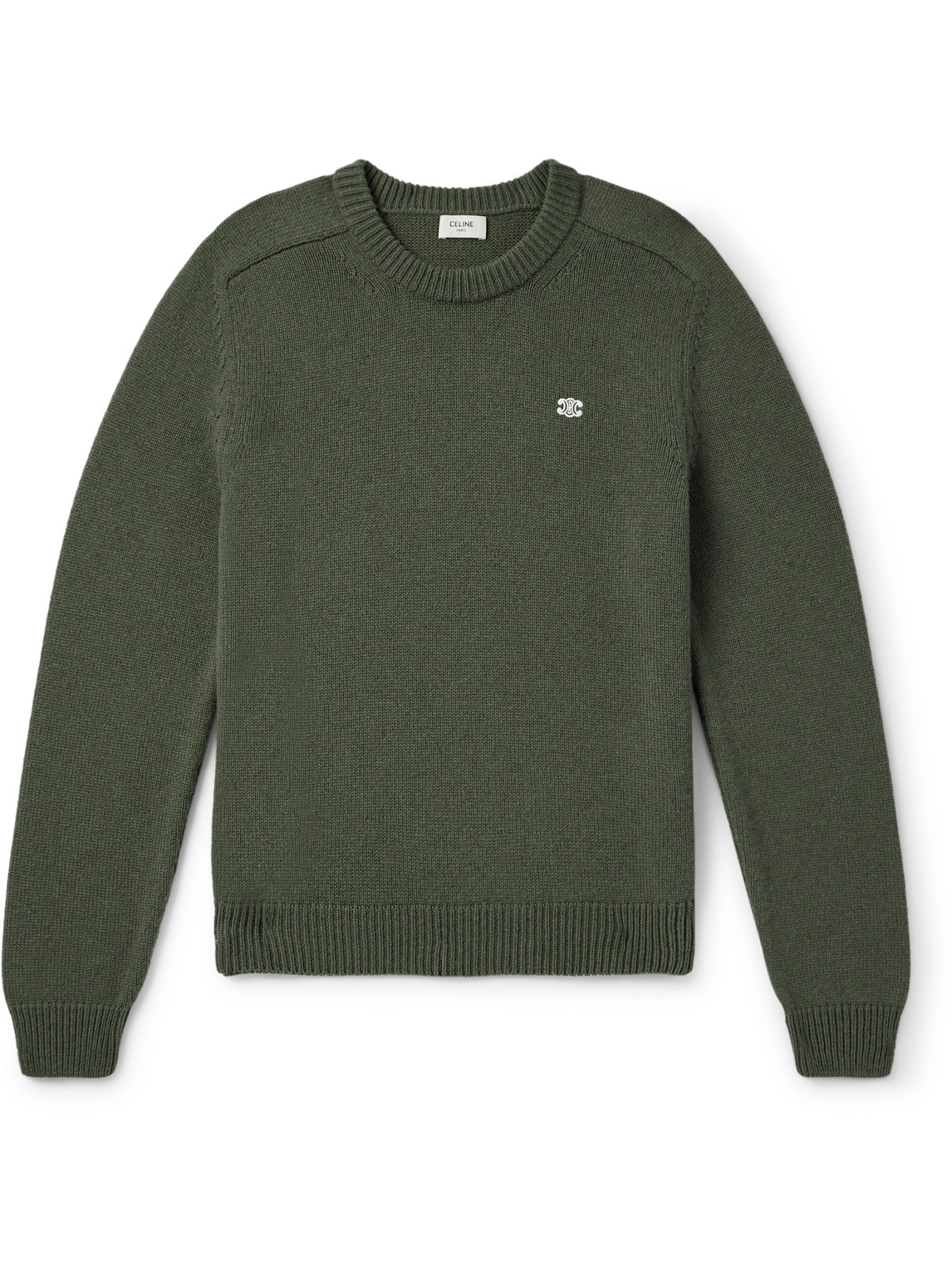 Celine Triomphe Slim-fit Logo-embroidered Wool And Cashmere-blend Sweater In Green