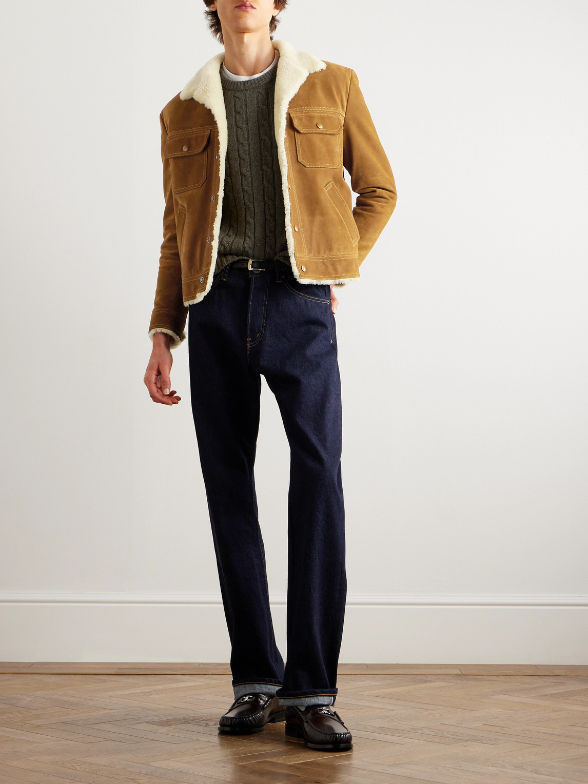 Celine Shearling Trucker Jacket In Brown