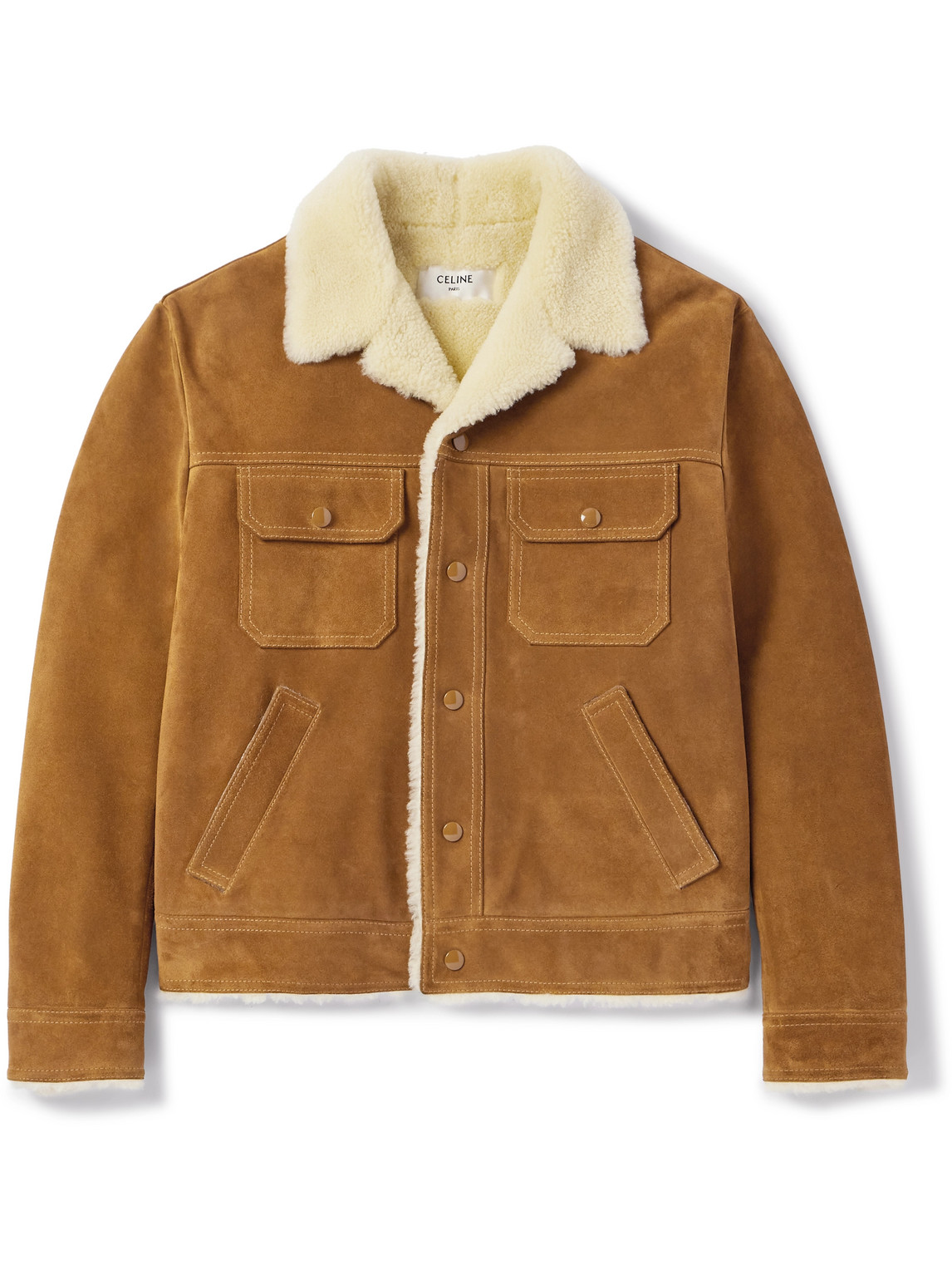 Celine Shearling Trucker Jacket In Brown