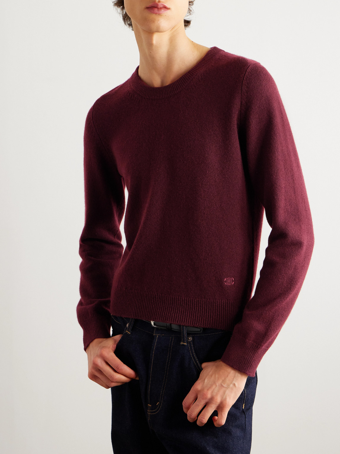 Celine Burgundy Cashmere Sweater With Front Embroidered Logo In Red