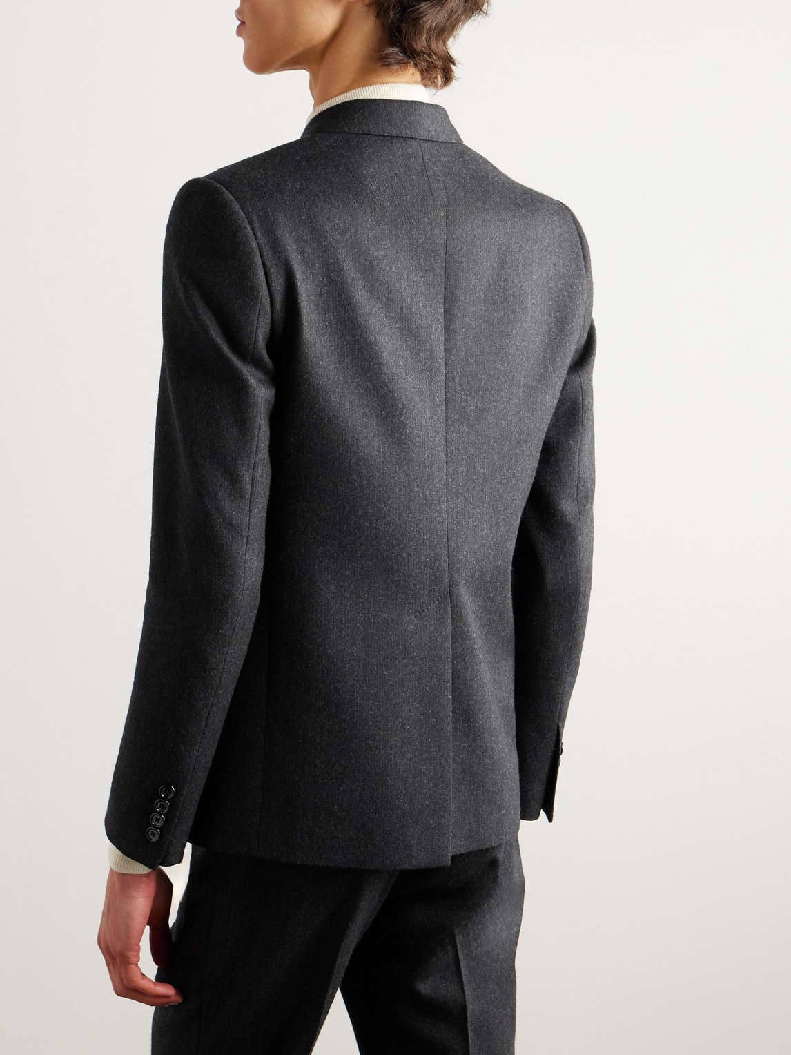 Celine Slim-fit Double-breasted Pinstriped Brushed Wool-twill Suit Jacket In Gray