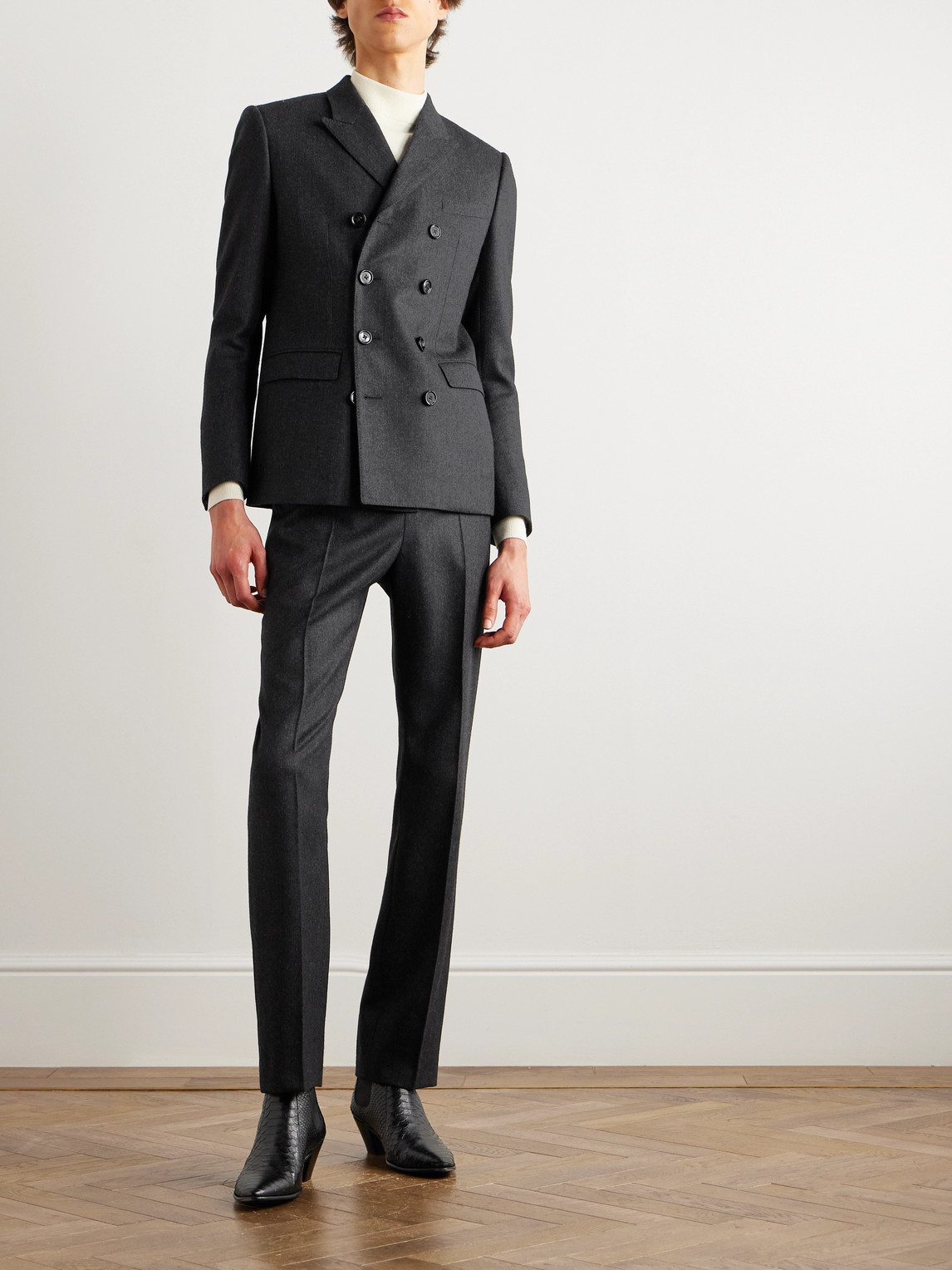 Celine Slim-fit Double-breasted Pinstriped Brushed Wool-twill Suit Jacket In Gray