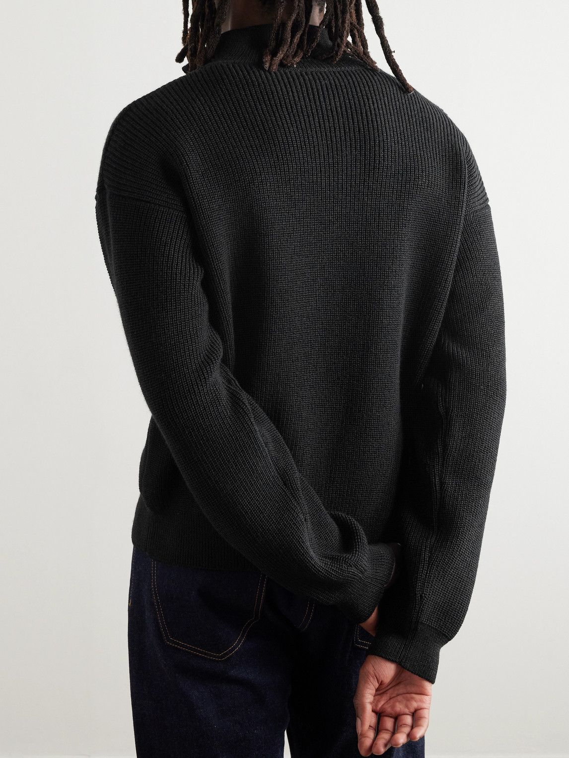 Celine Logo-embroidered Ribbed Wool Half-zip Sweater In Black