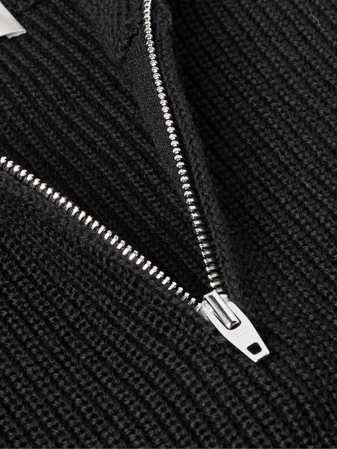 Celine Logo-embroidered Ribbed Wool Half-zip Sweater In Black