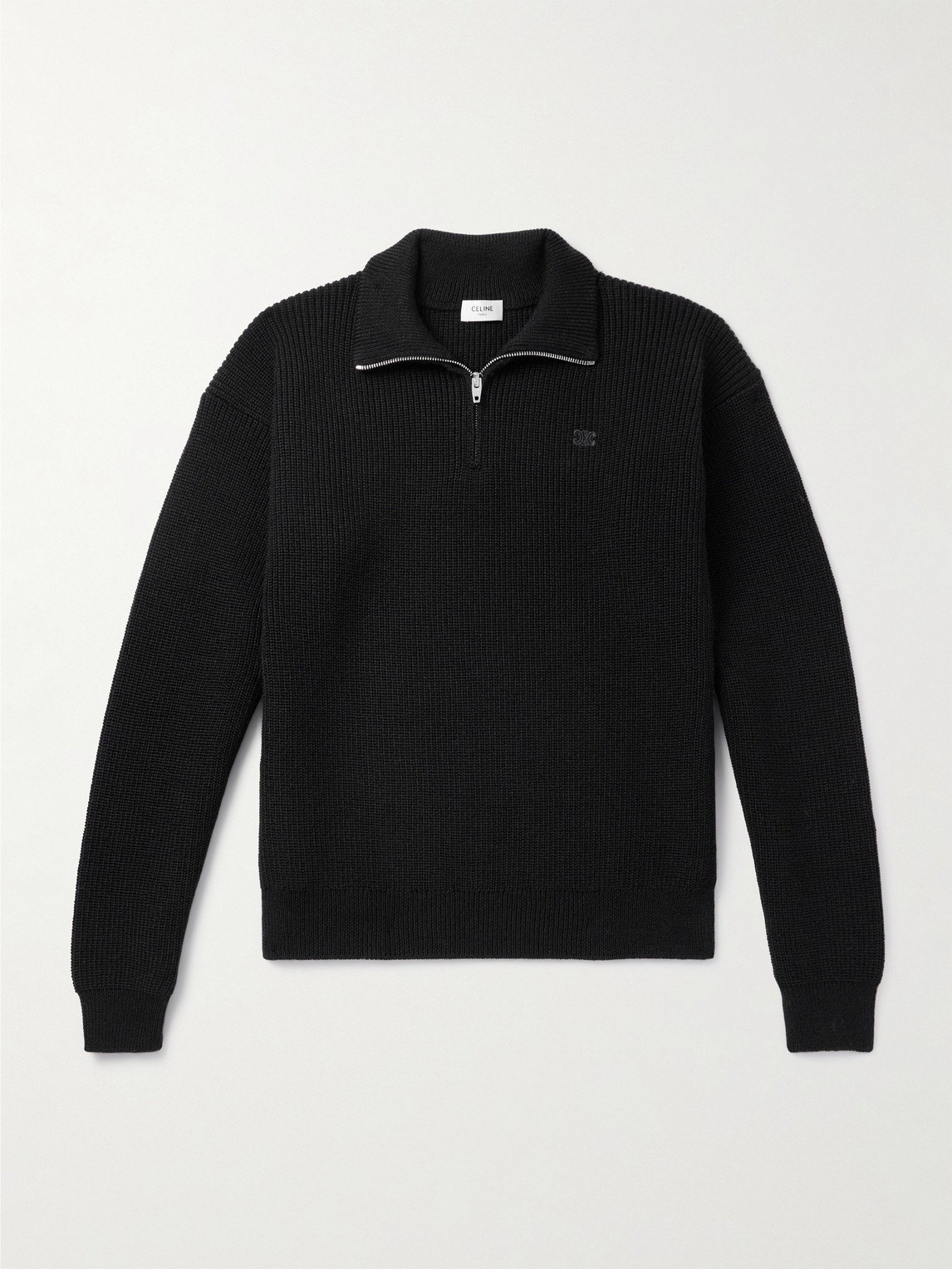 Logo-Embroidered Ribbed Wool Half-Zip Sweater