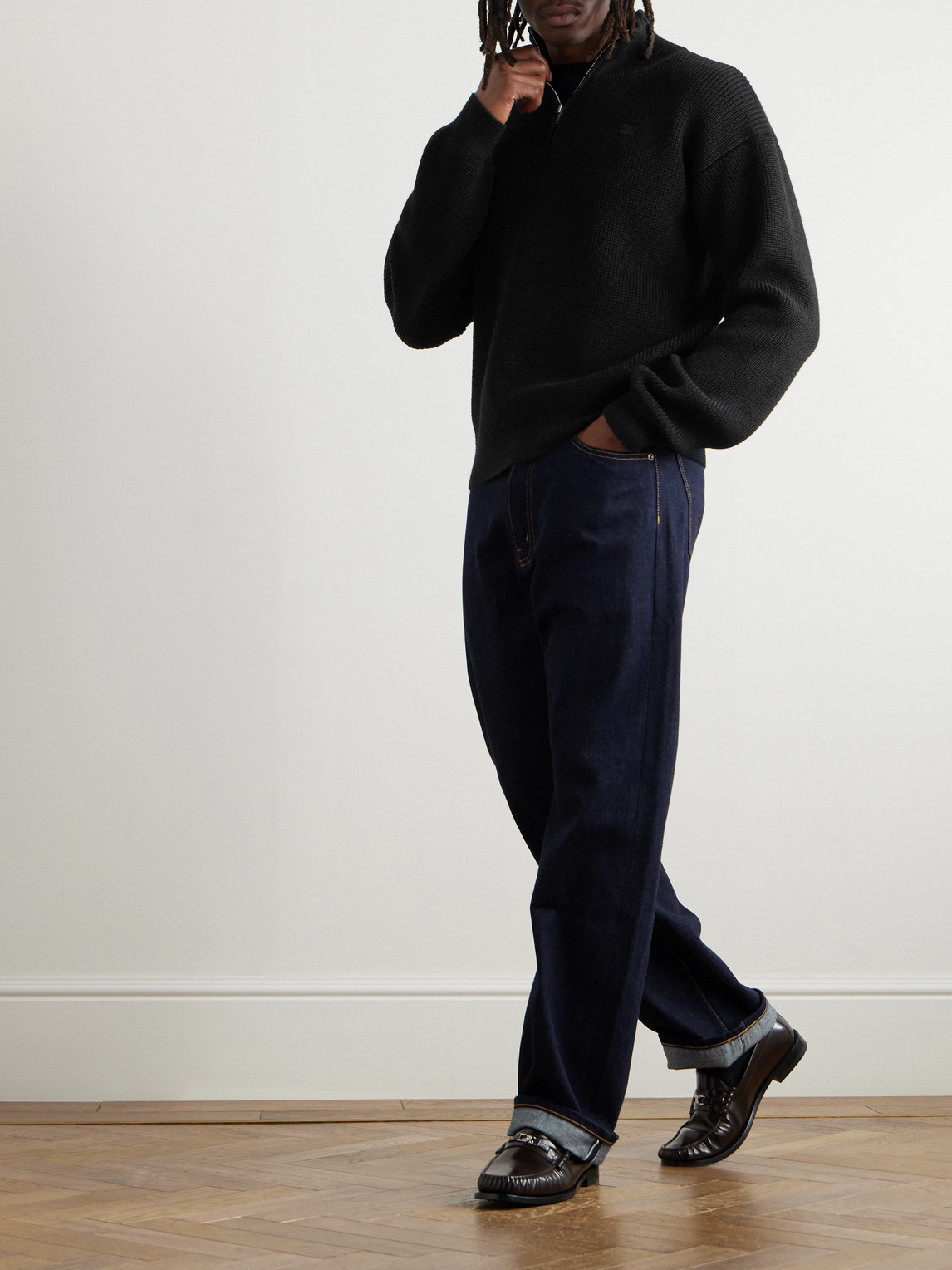 Celine Logo-embroidered Ribbed Wool Half-zip Sweater In Black