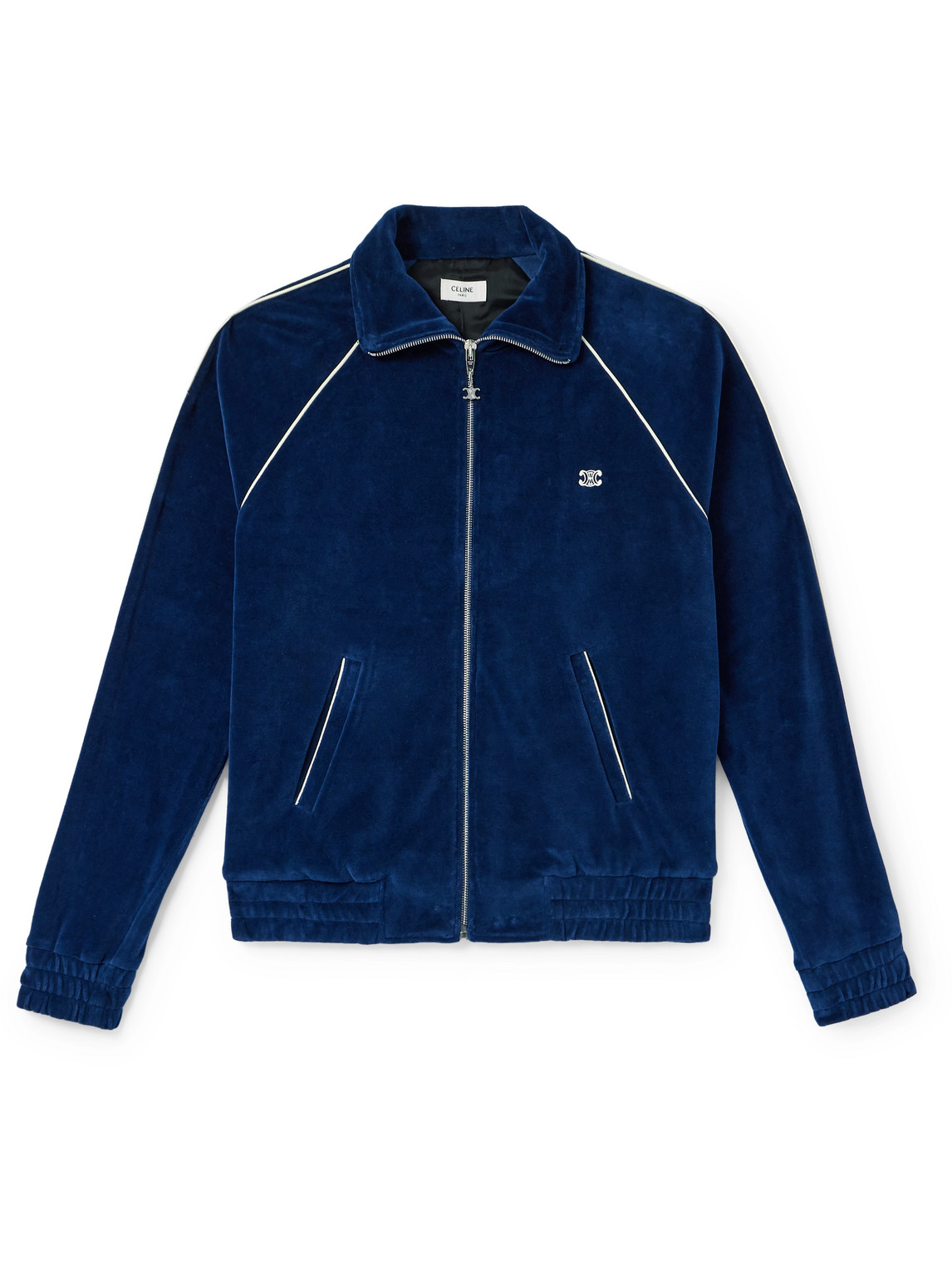 Celine Slim-fit Logo-embroidered Cotton-blend Velour Track Jacket In Blue