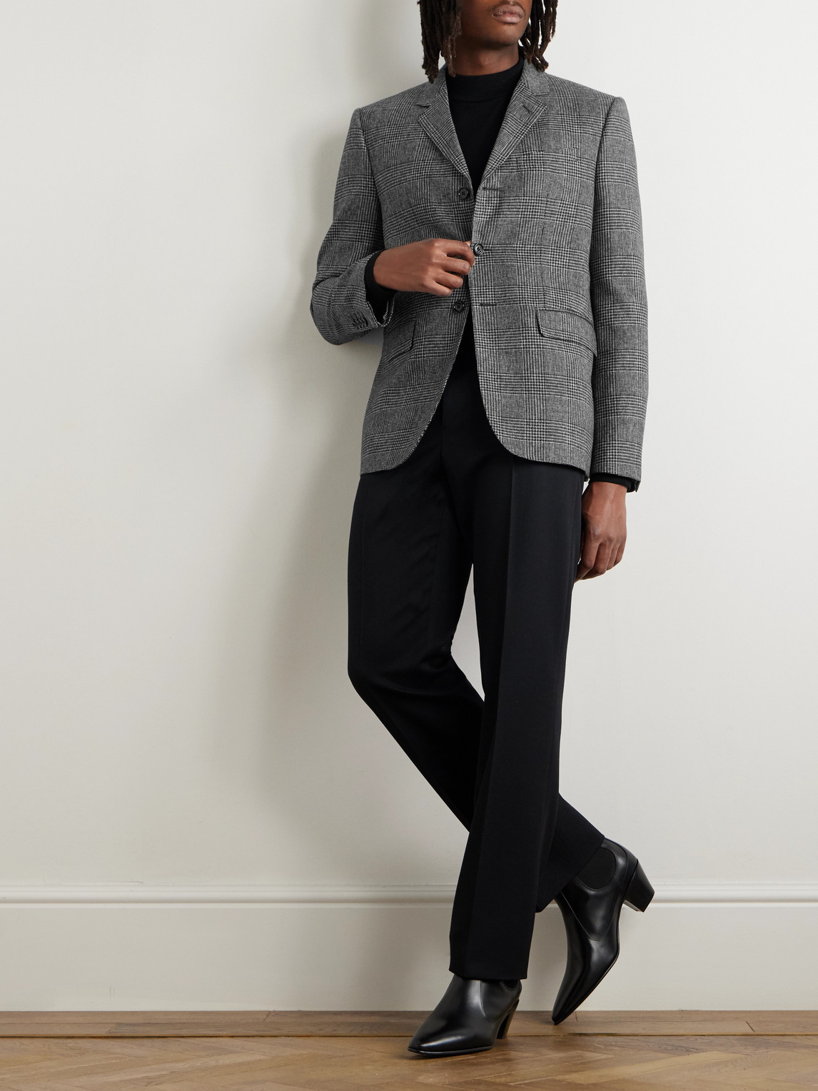 Celine Prince Of Wales Checked Wool Blazer In Gray