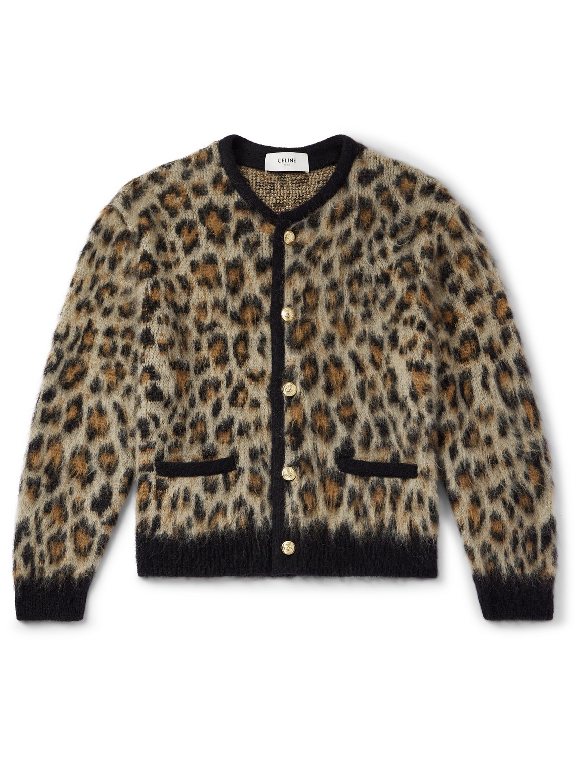 Celine Animal Patterned Crew-neck Cardigan With Golden Buttons In Multi