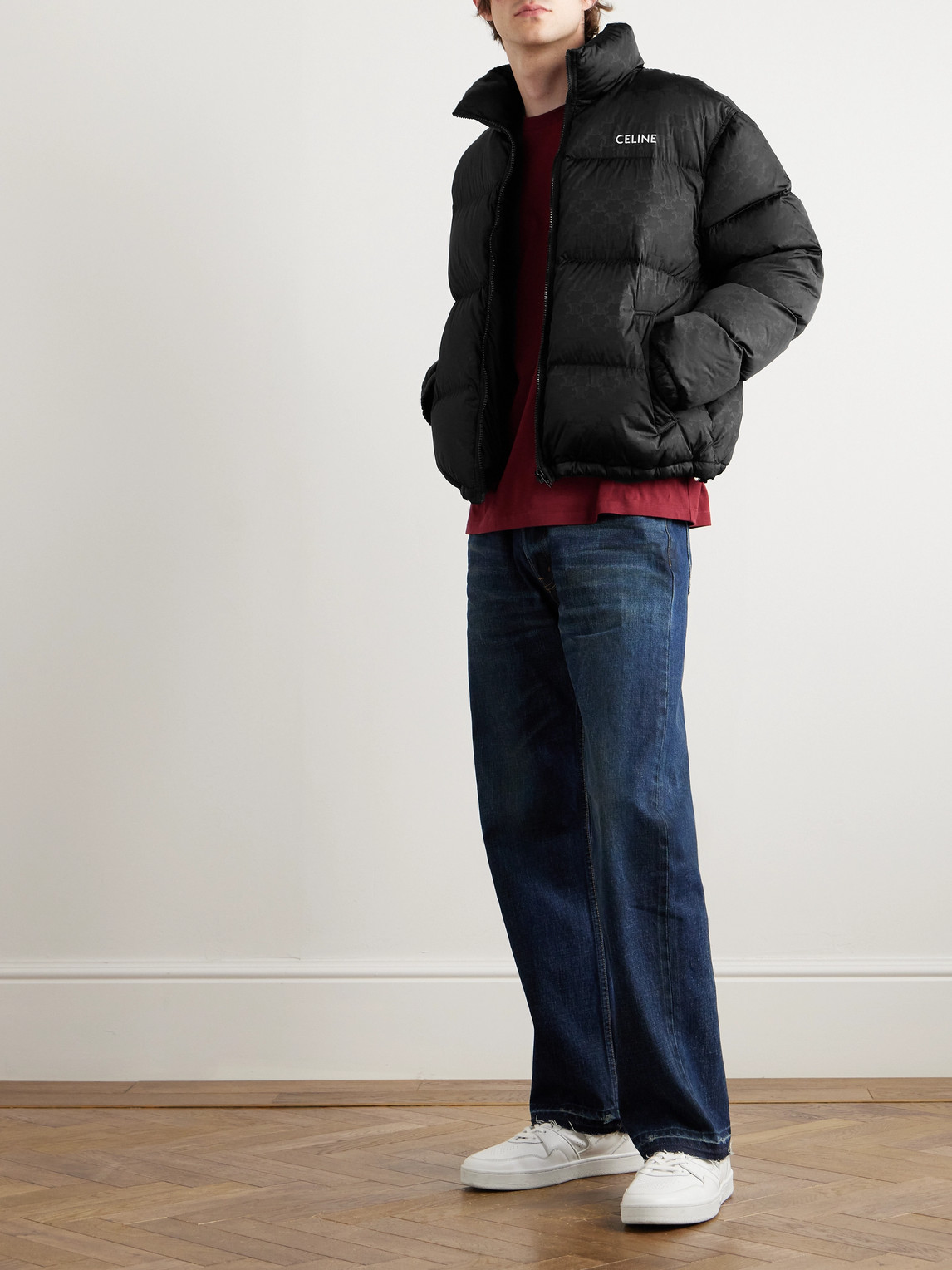 Celine Quilted Logo-jacquard Nylon Down Jacket In Black