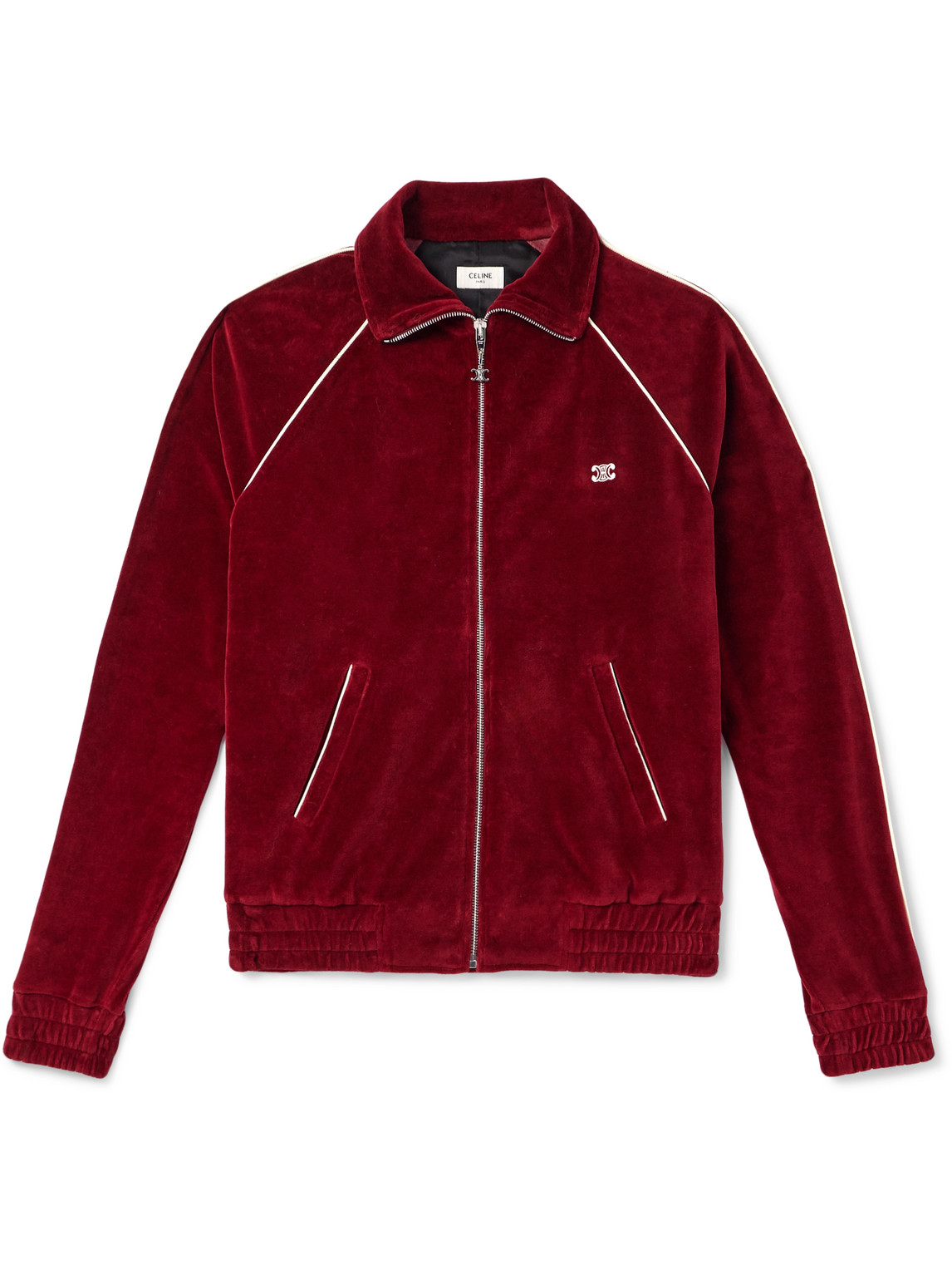 Celine Slim-fit Logo-embroidered Cotton-blend Velour Track Jacket In Burgundy