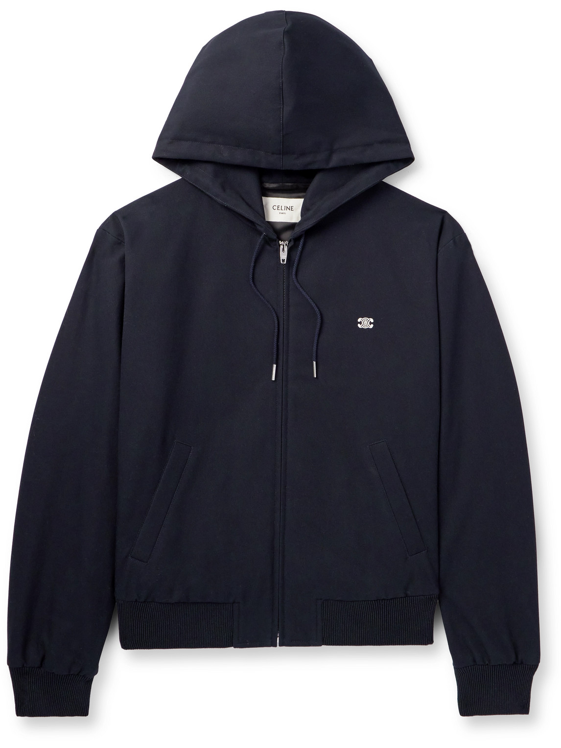 Celine Logo-appliquéd Cotton-gabardine Hooded Jacket In Blue