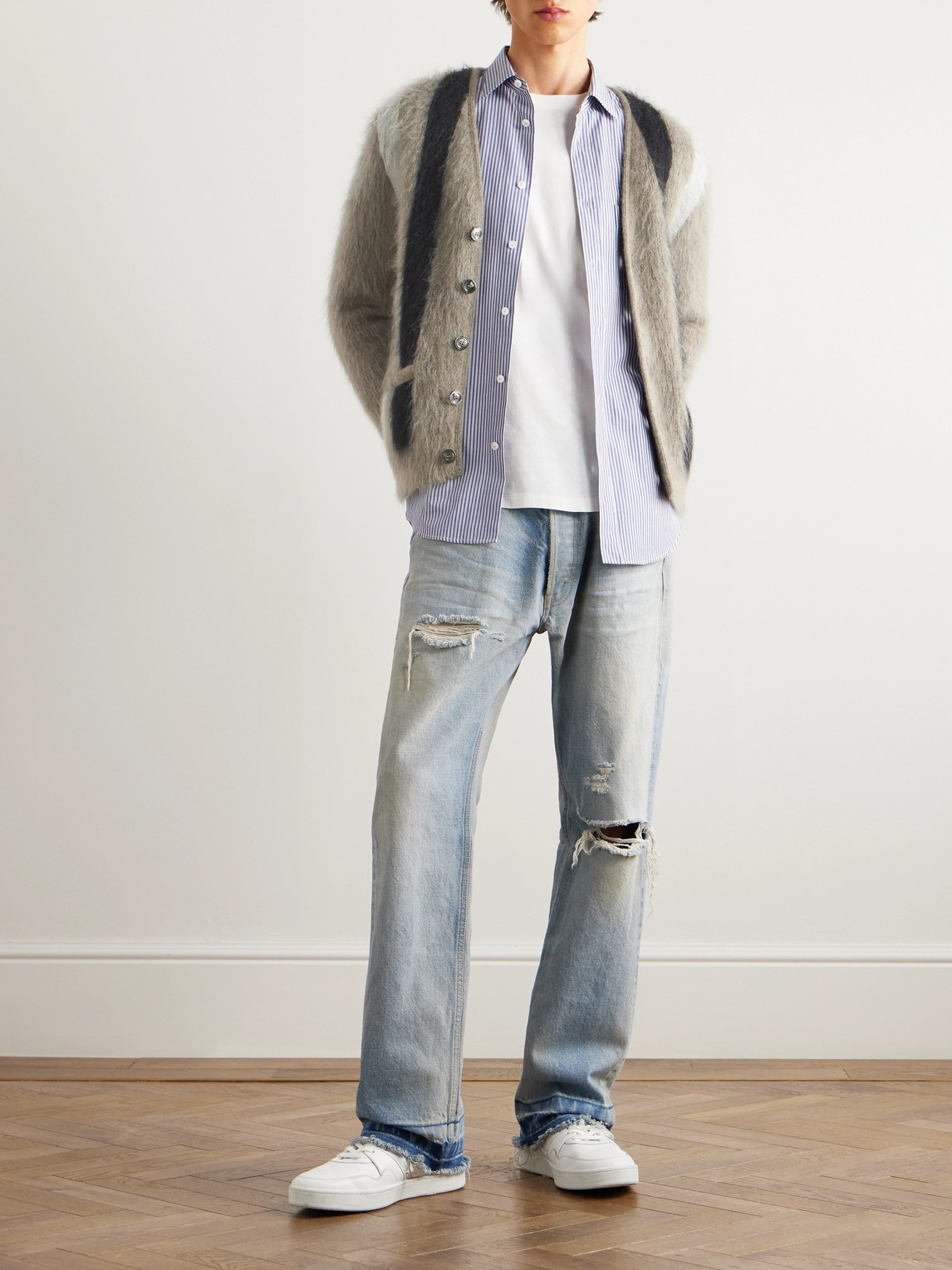 Celine Striped Wool-blend Cardigan In Gray