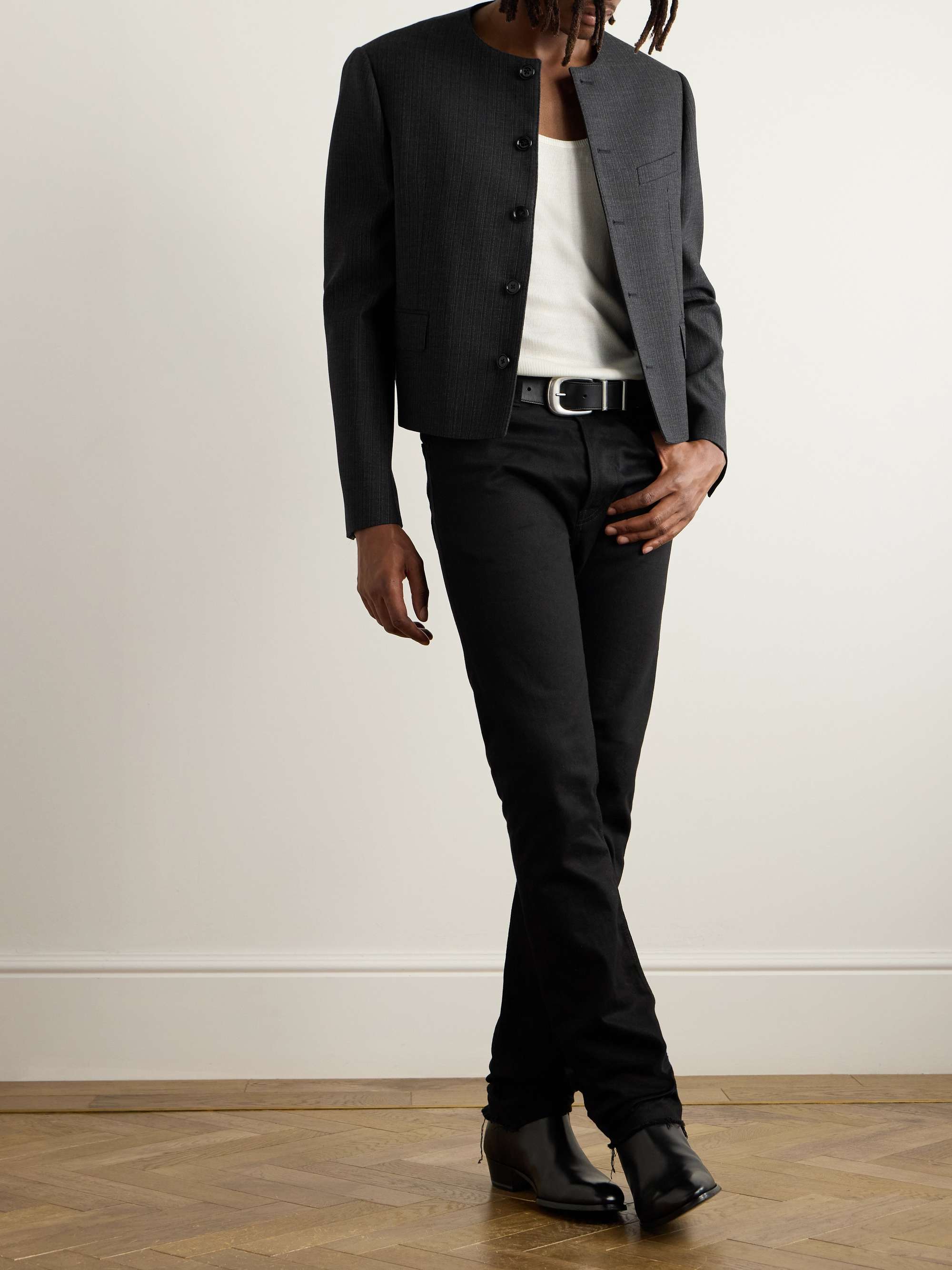 Pinstriped Wool and Silk Blend Gabardine Blazer