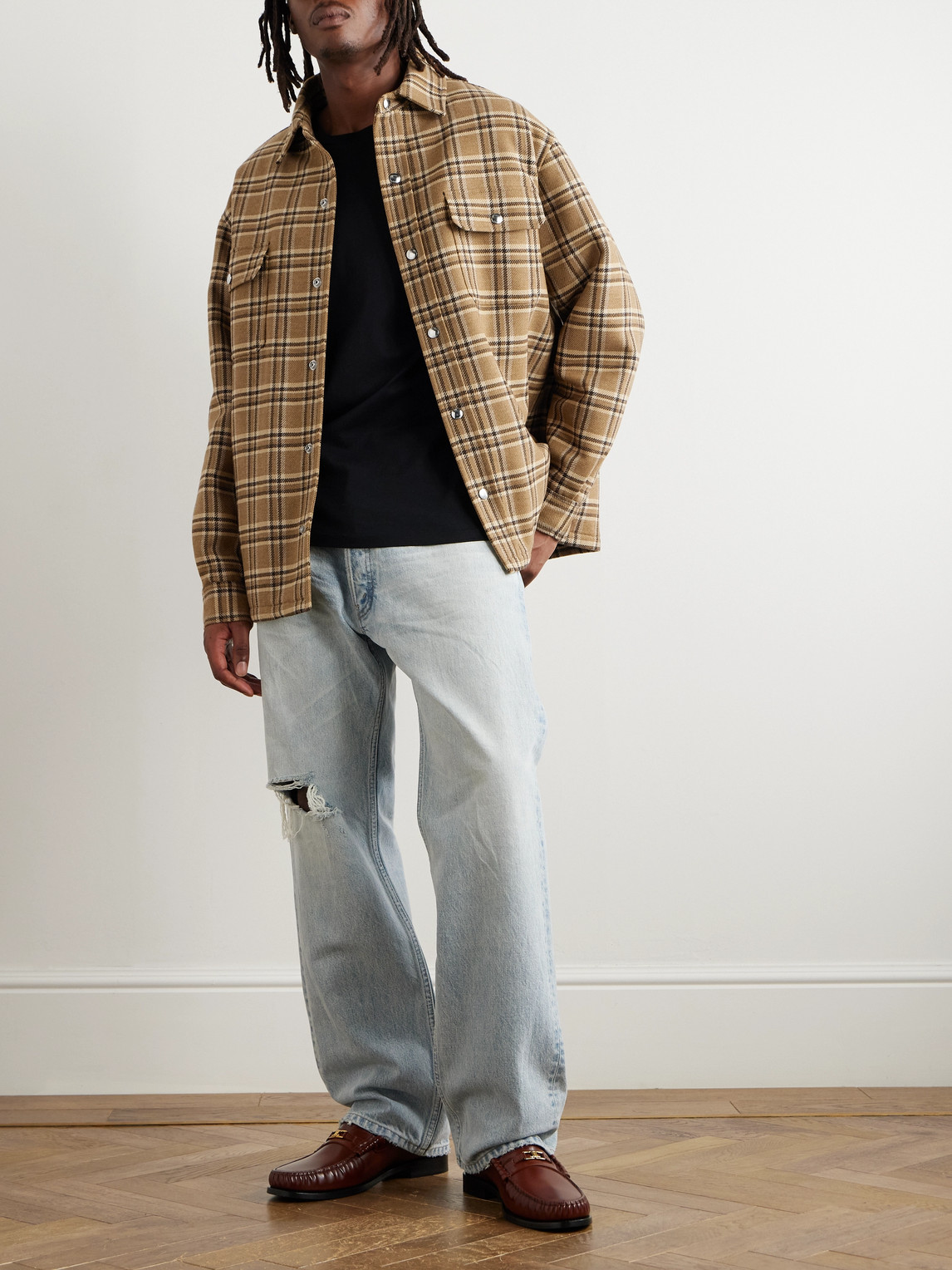 Celine Checked Wool-blend Overshirt In Brown