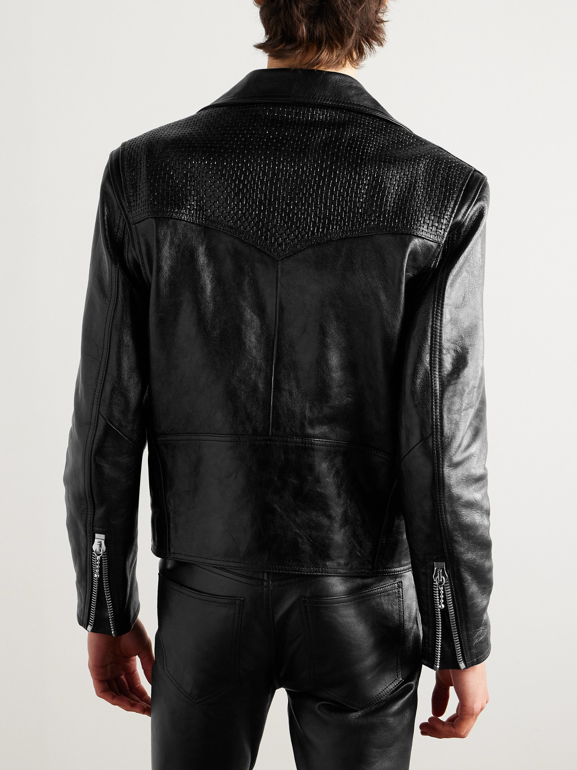 Celine Slim-fit Cropped Textured-leather Biker Jacket In Black