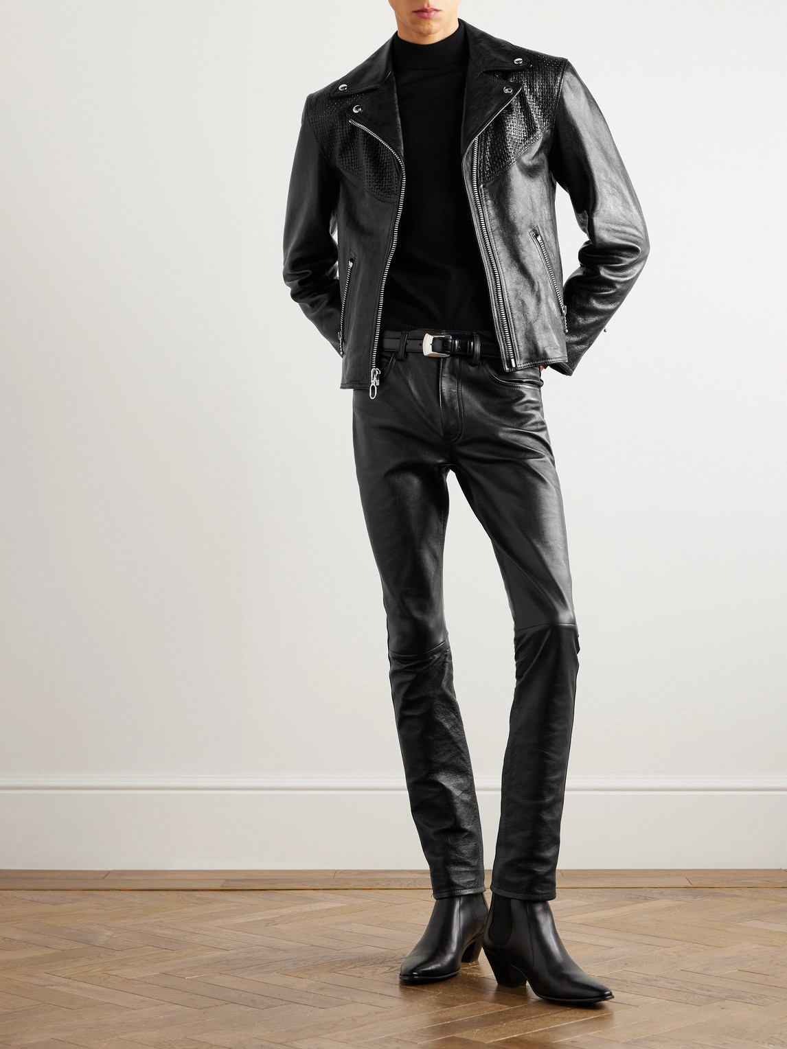 Celine Slim-fit Cropped Textured-leather Biker Jacket In Black