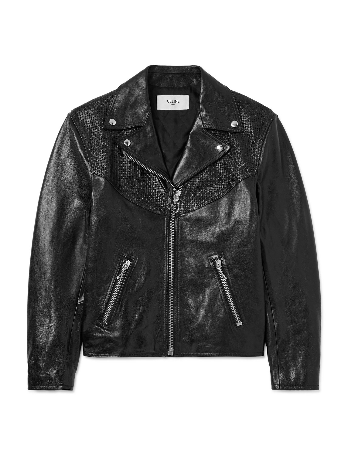 Celine Slim-fit Cropped Textured-leather Biker Jacket In Black