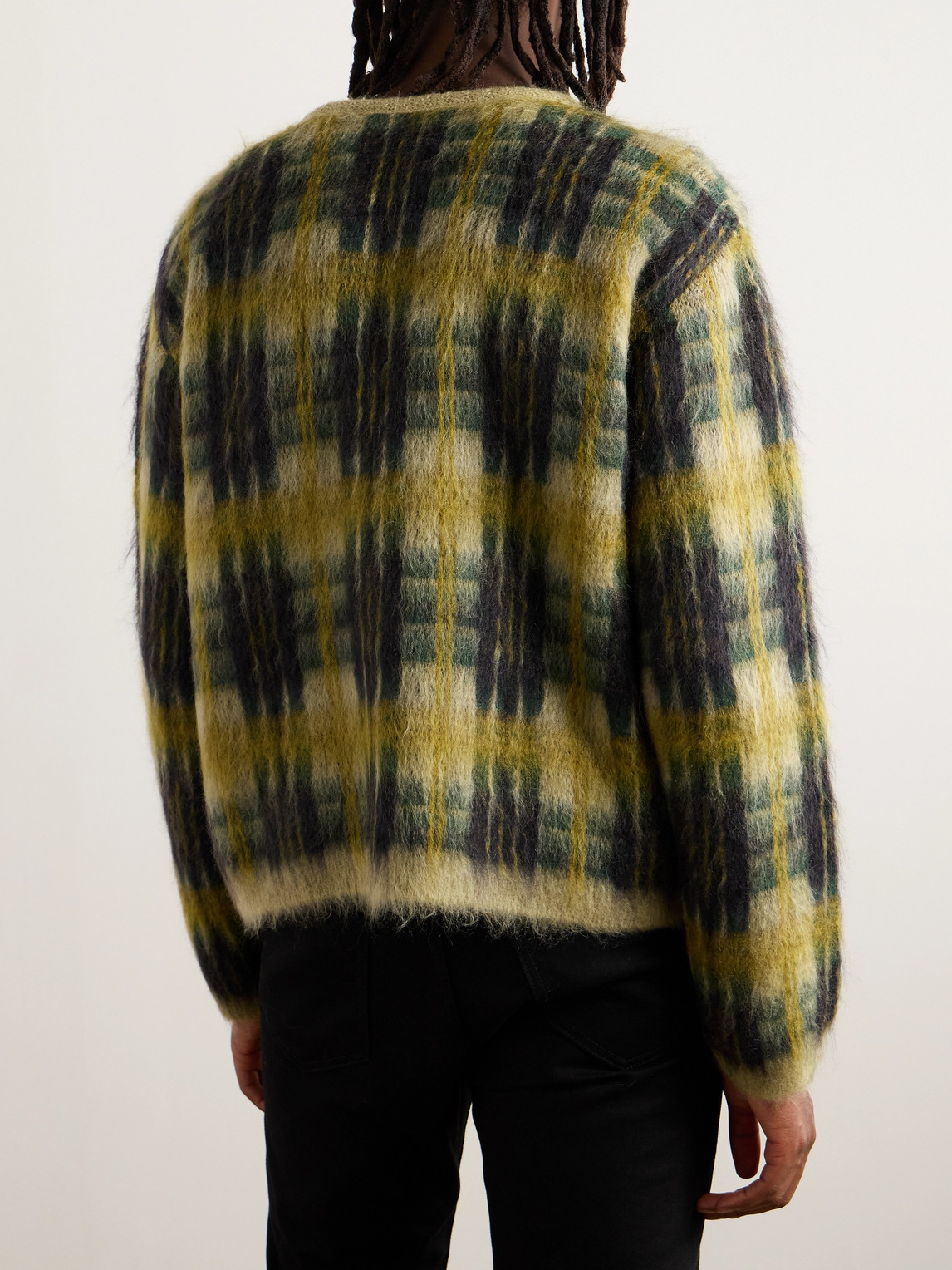 Celine Checked Brushed Jacquard-knit Cardigan In Gray