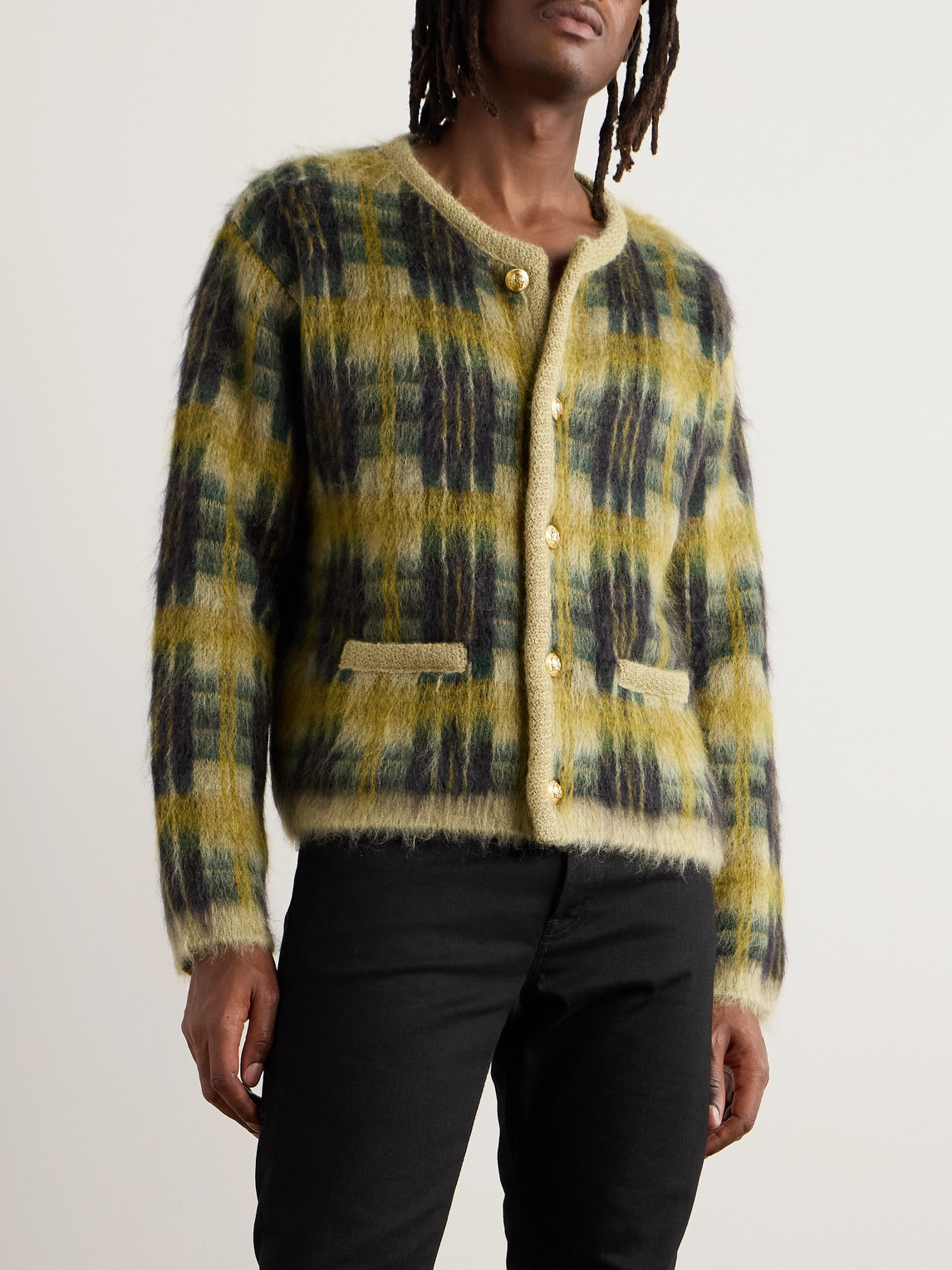 Celine Checked Brushed Jacquard-knit Cardigan In Gray