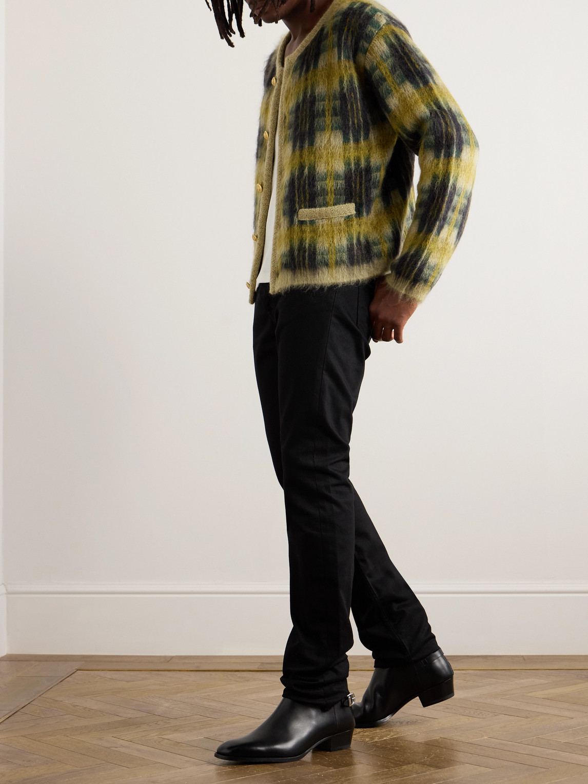 Celine Checked Brushed Jacquard-knit Cardigan In Gray