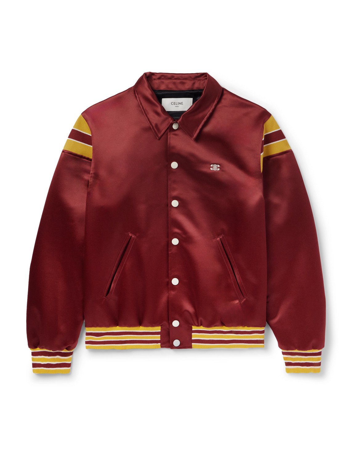 Celine Teddy Logo-embroidered Satin Varsity Jacket In Burgundy