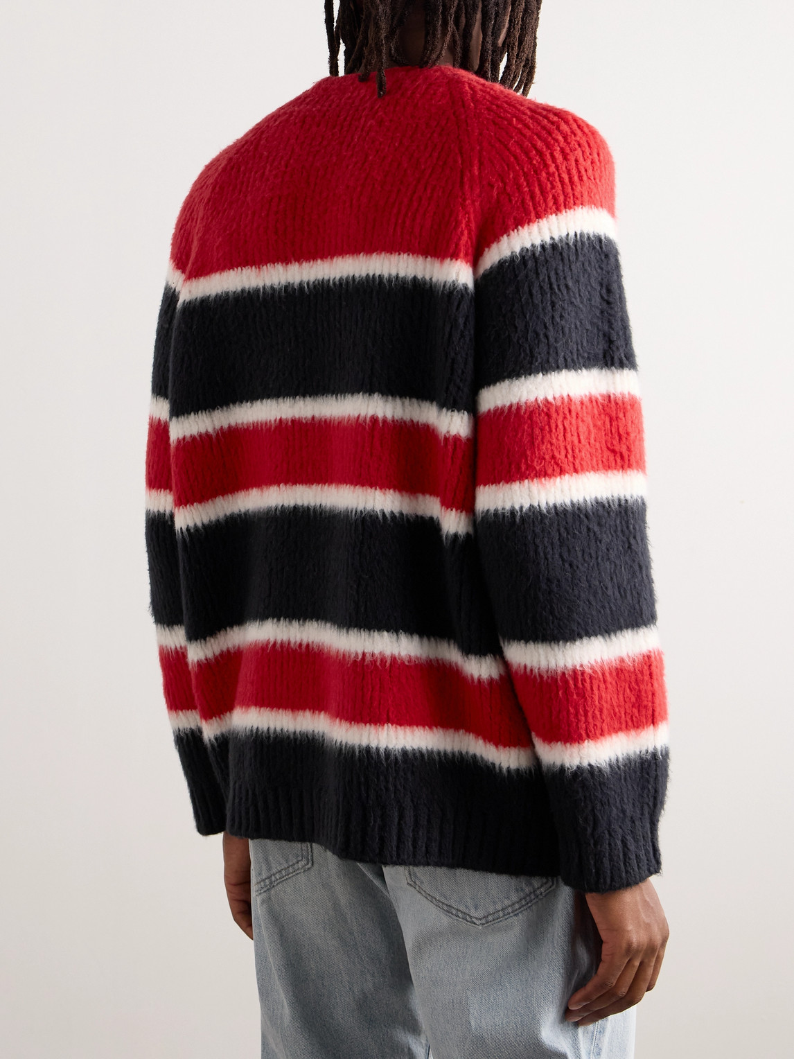 Celine Striped Cotton Blend Crew-neck Sweater In Red