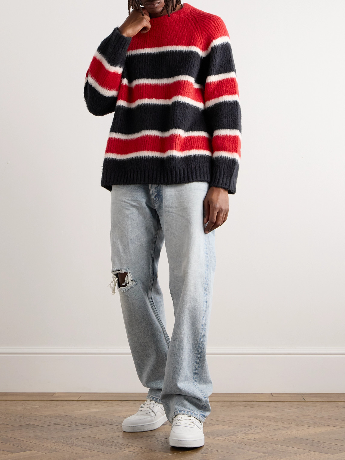 Celine Striped Cotton Blend Crew-neck Sweater In Red