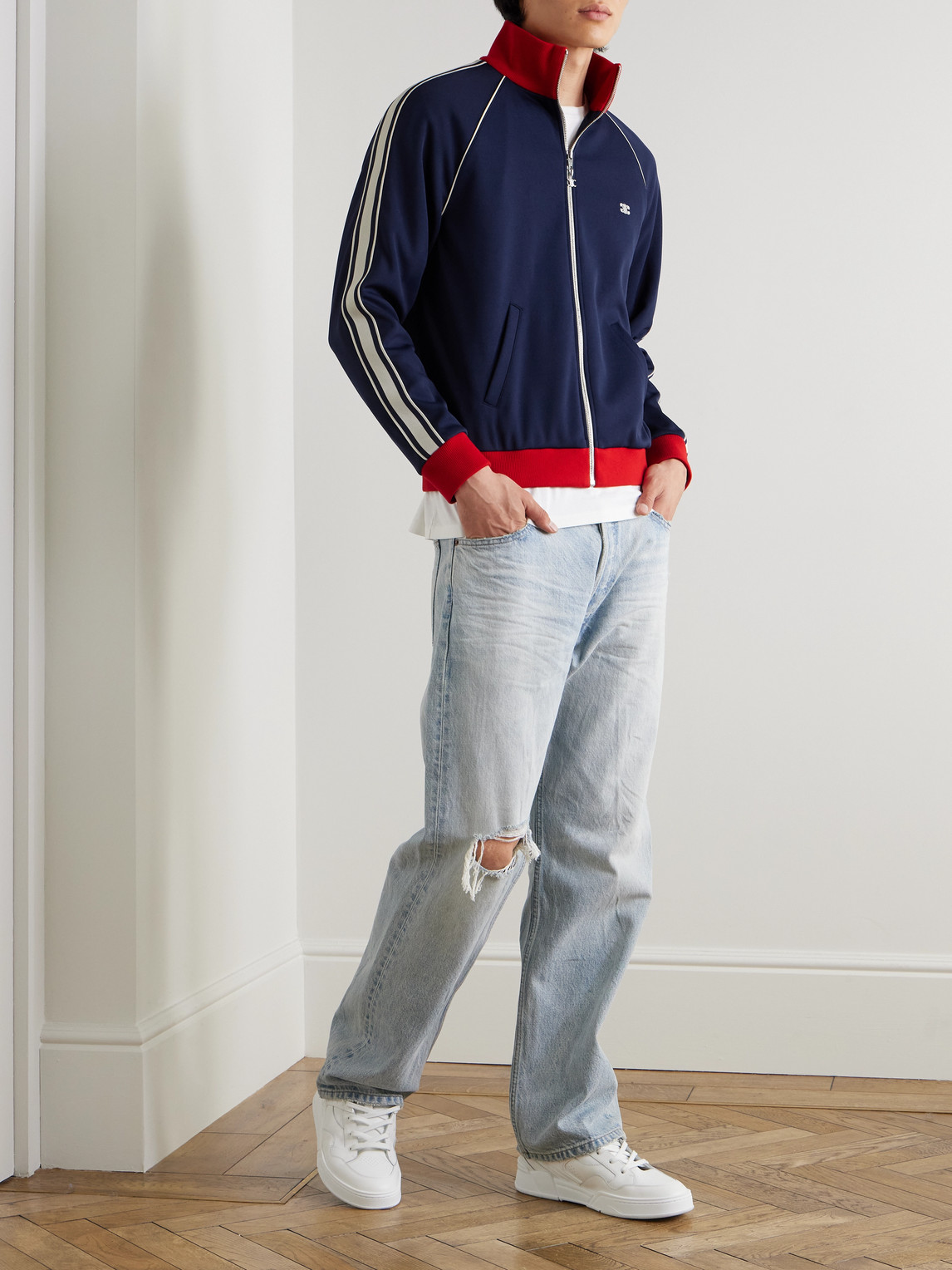 Celine Webbing-trimmed Logo-embroidered Jersey Track Jacket In Blue