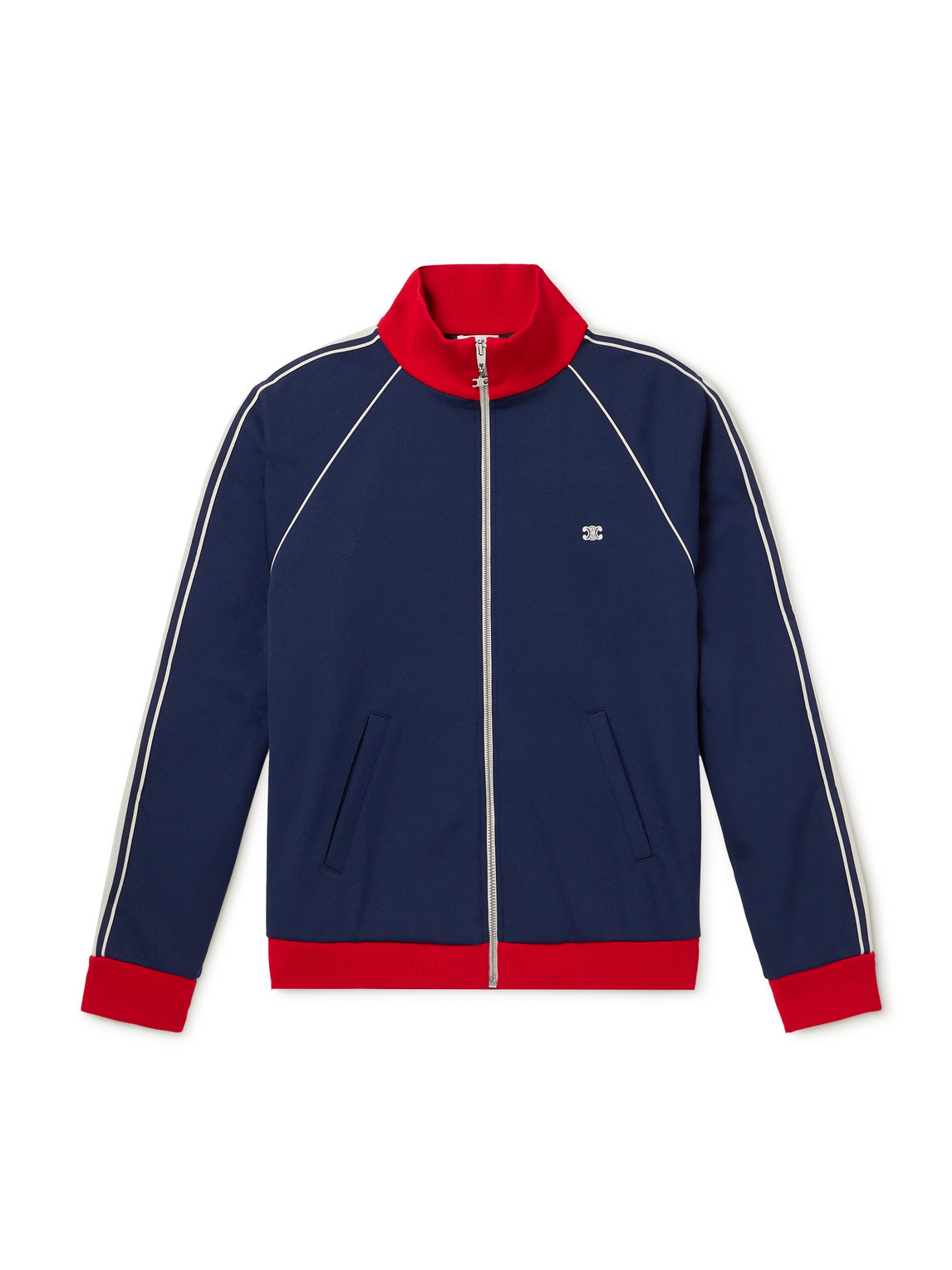 Celine Webbing-trimmed Logo-embroidered Jersey Track Jacket In Blue