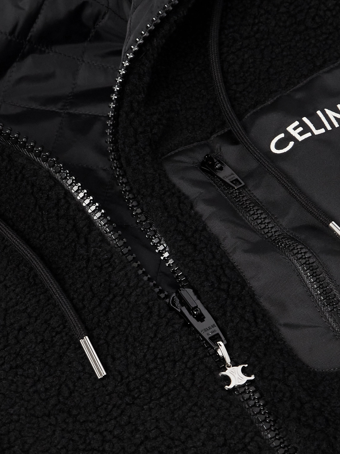 Celine Logo-embroidered Shell-trimmed Fleece Hoodie In Black