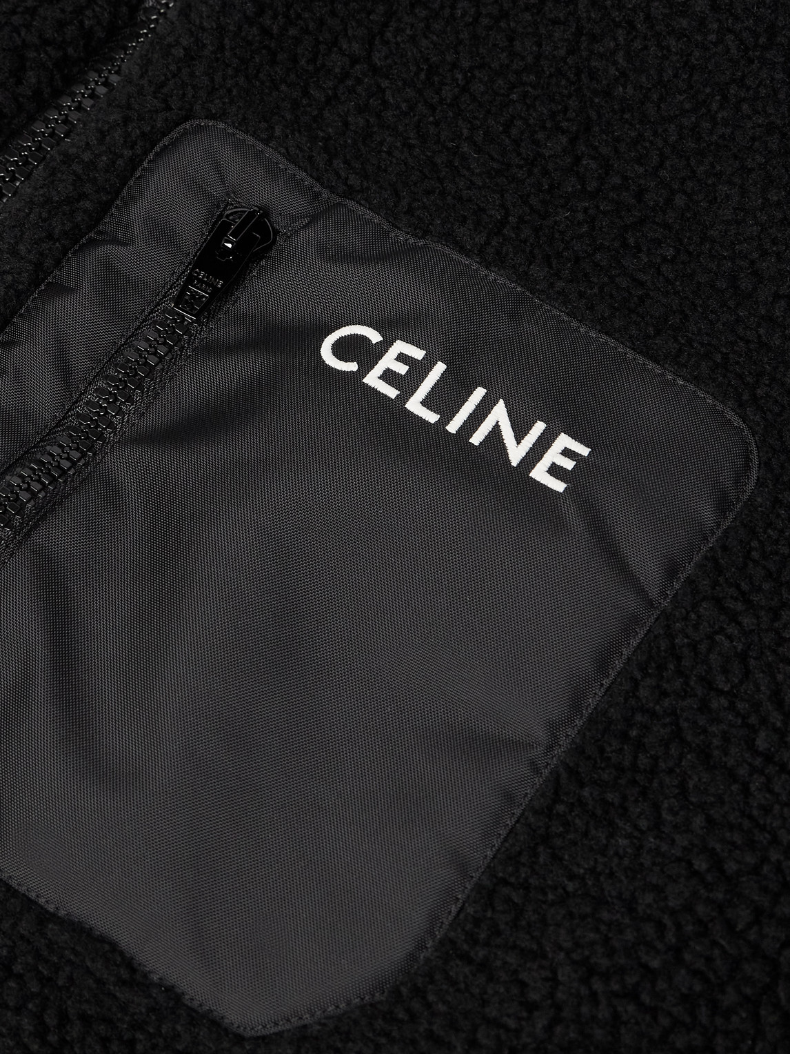 Celine Logo-embroidered Shell-trimmed Fleece Hoodie In Black