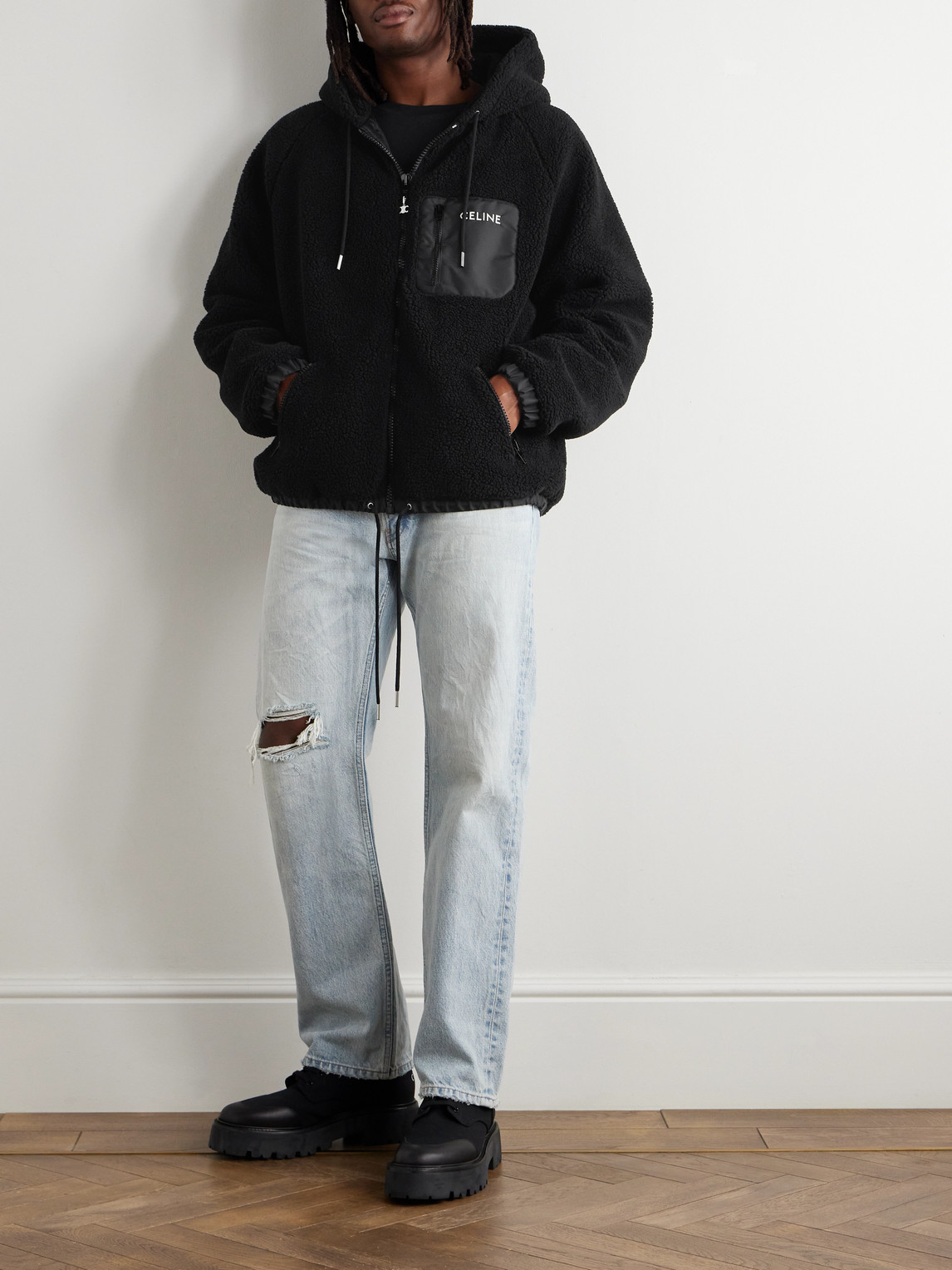 Celine Logo-embroidered Shell-trimmed Fleece Hoodie In Black