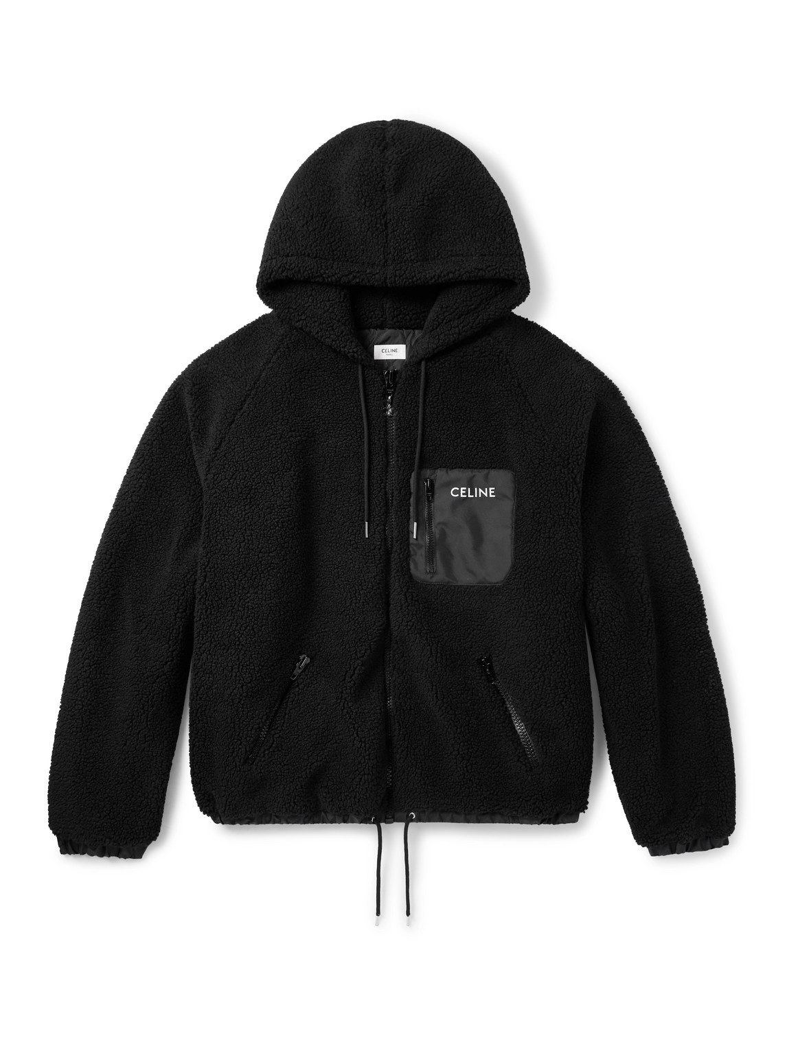Celine Logo-embroidered Shell-trimmed Fleece Hoodie In Black