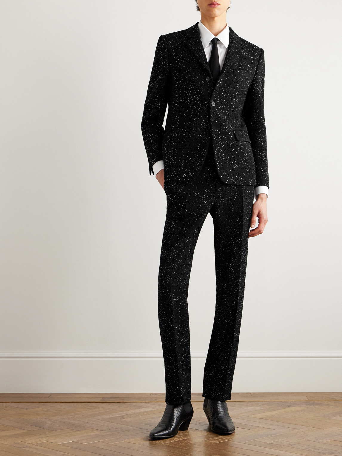 Celine Slim-fit Crystal-embellished Wool-twill Suit Jacket In Animal Print