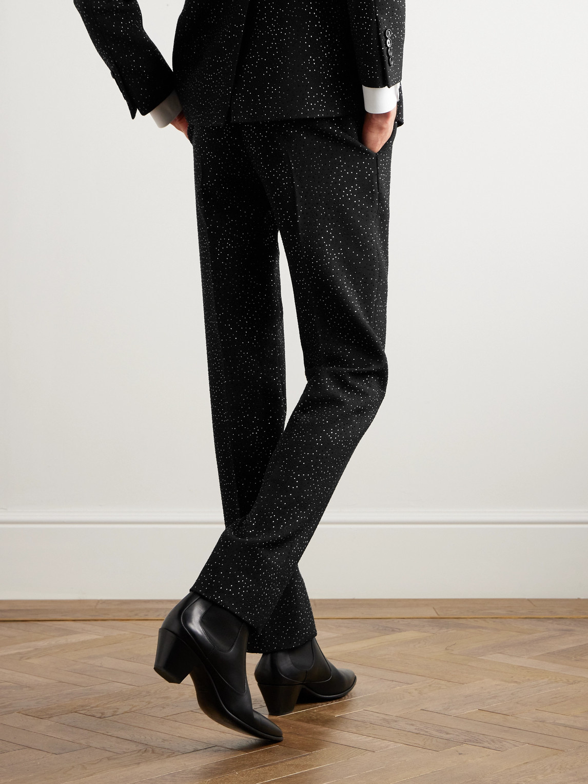 Celine Straight-leg Crystal-embellished Wool-twill Suit Trousers In Black