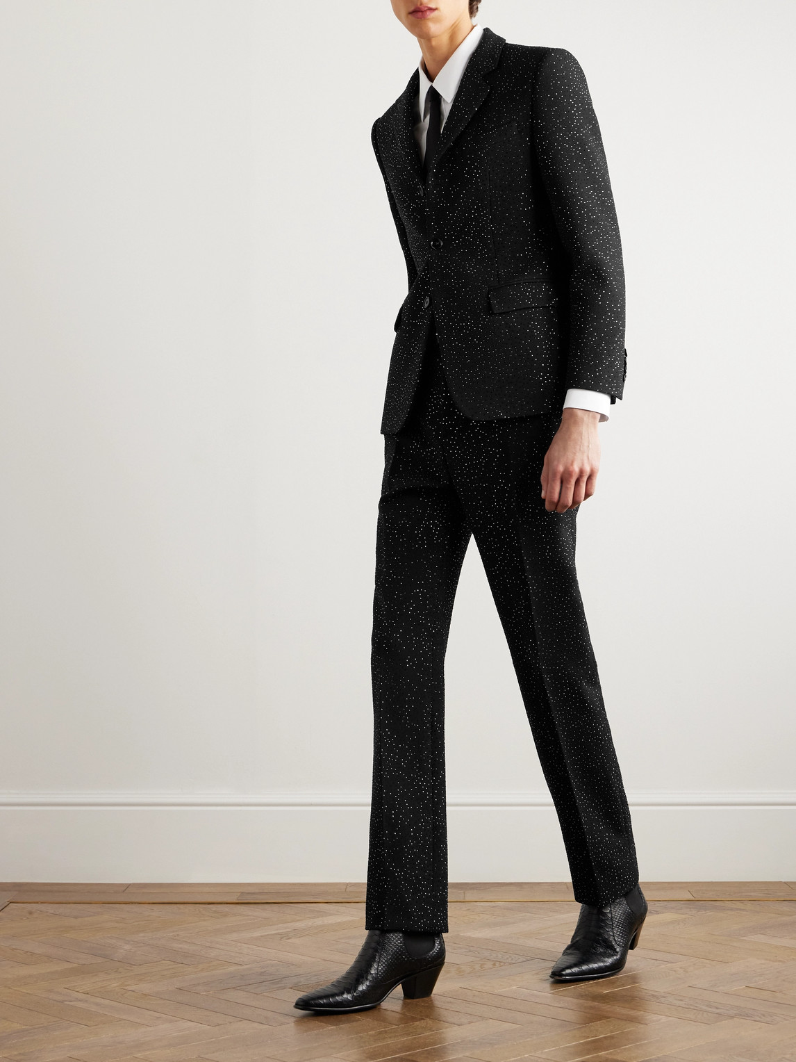 Celine Straight-leg Crystal-embellished Wool-twill Suit Trousers In Black
