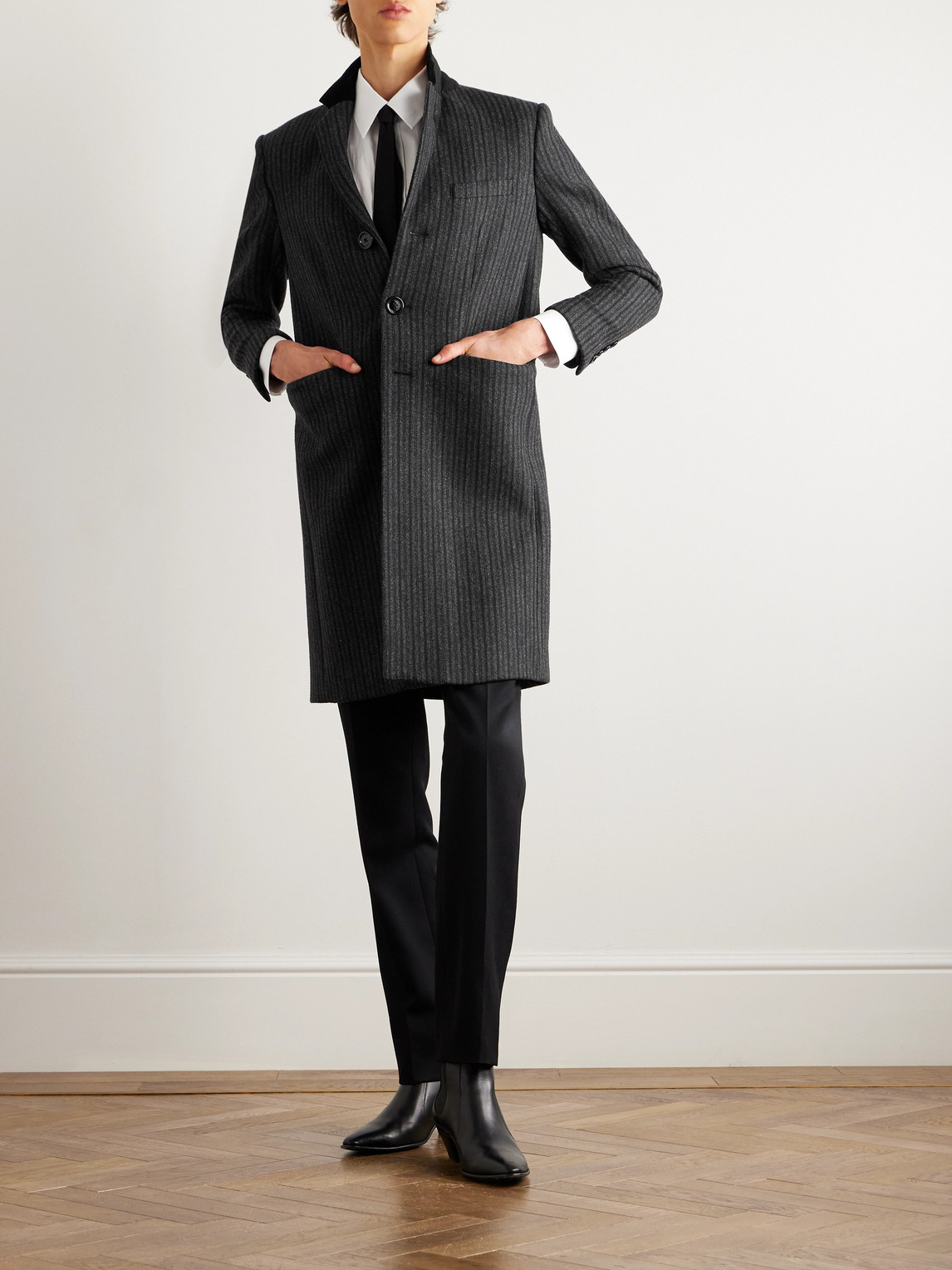 Celine Chesterfield Striped Wool Coat In Gray