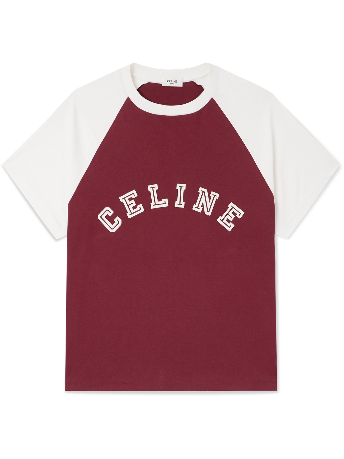 Celine Logo-flocked Two-tone Cotton-jersey T-shirt In Burgundy