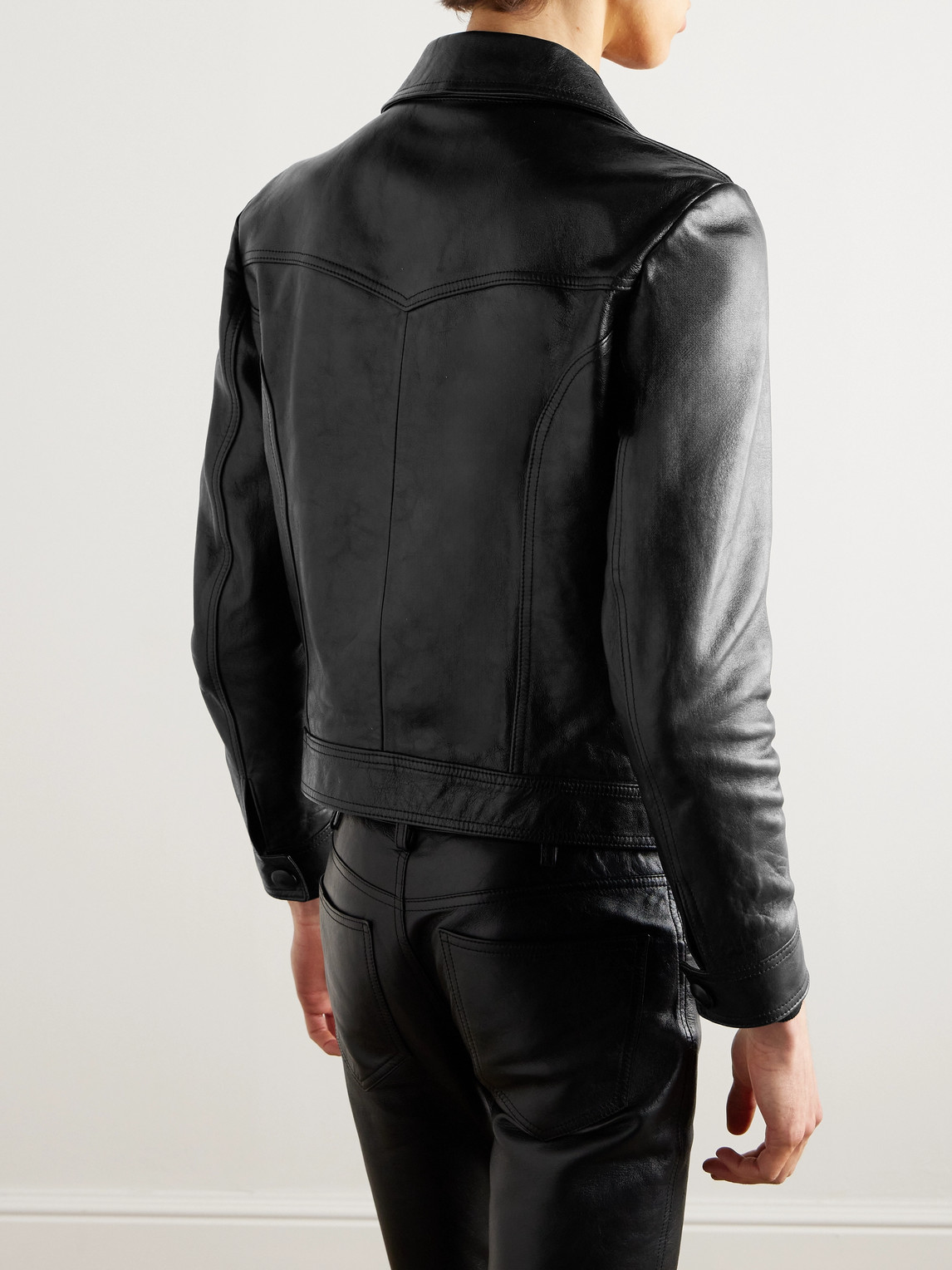 Celine Droit Waxed Textured-leather Jacket In Green