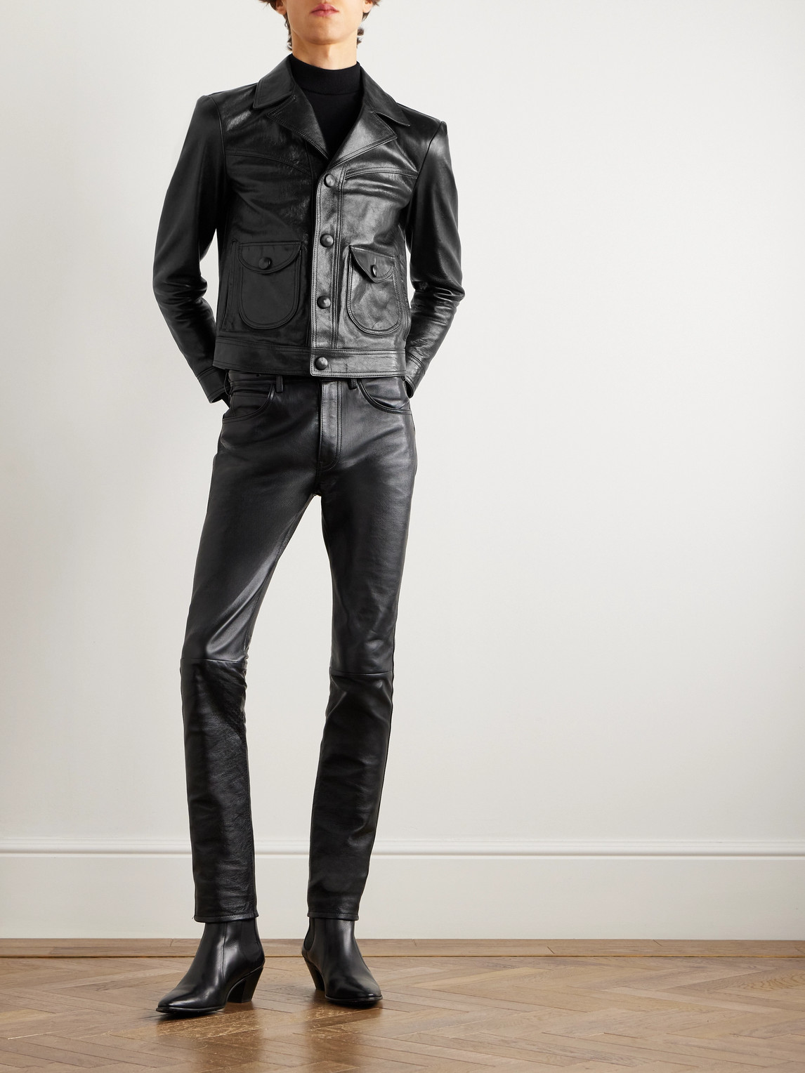 Celine Droit Waxed Textured-leather Jacket In Green